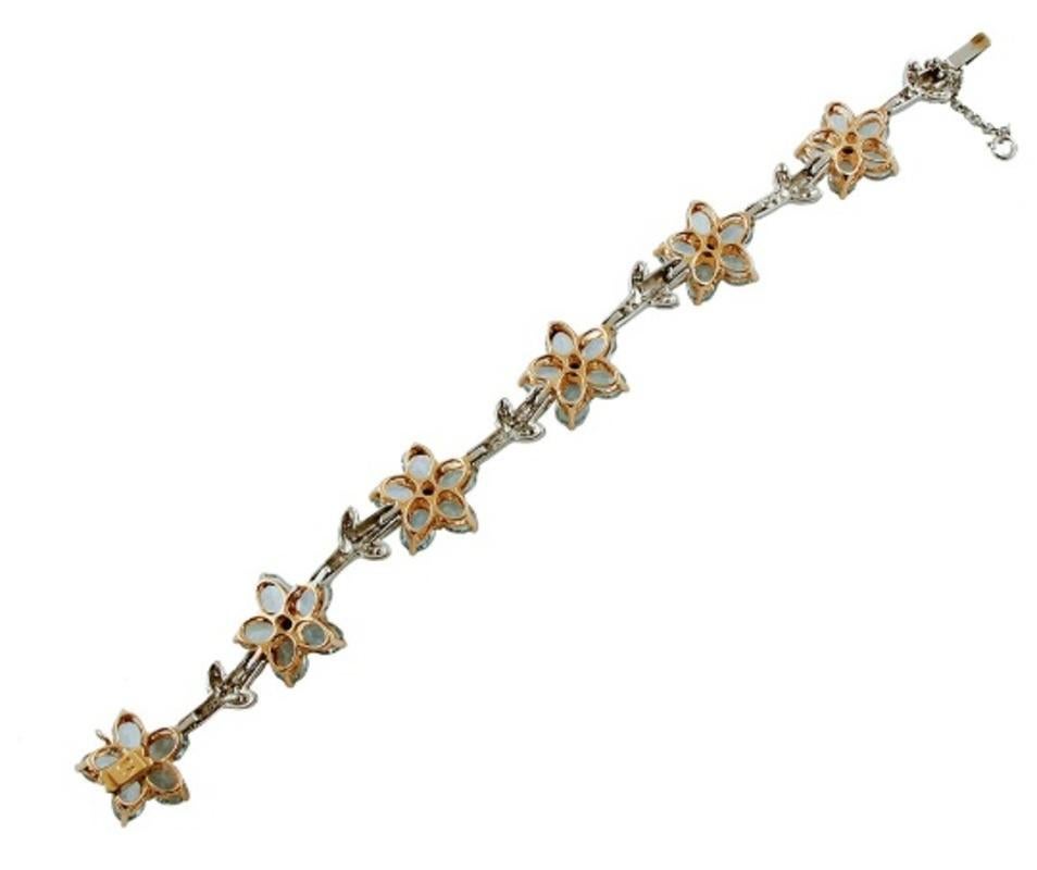 Mixed Cut Handcrafted Diamonds, Aquamarine, White and Yellow Gold link Bracelet