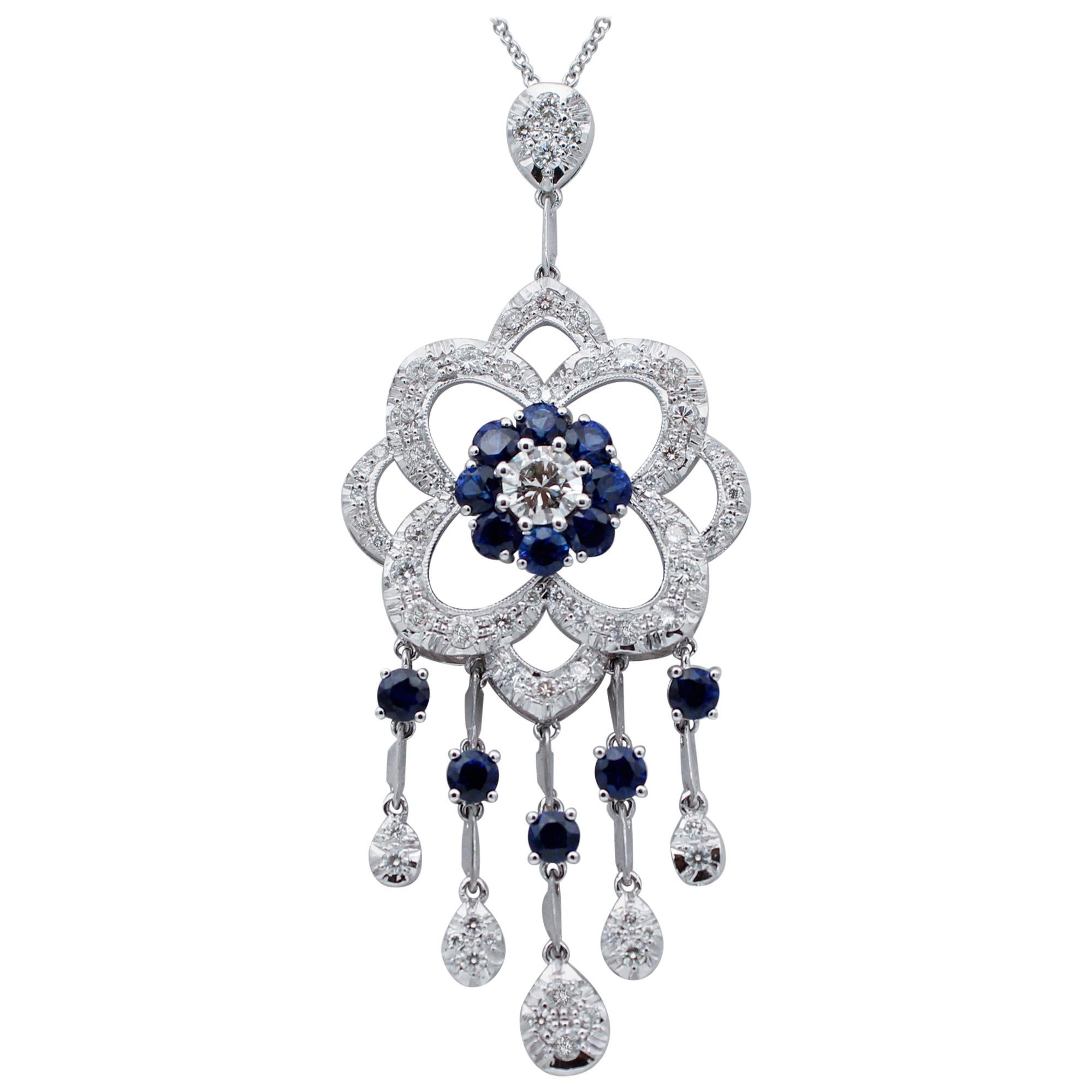 Handcrafted Diamonds, Blue Sapphires, 14 Karat White Gold Pendant Necklace For Sale