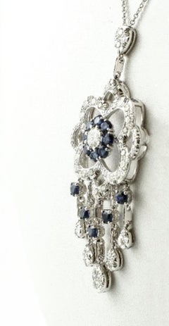 Handcrafted Diamonds, Blue Sapphires, 14 Karat White Gold Pendant Necklace