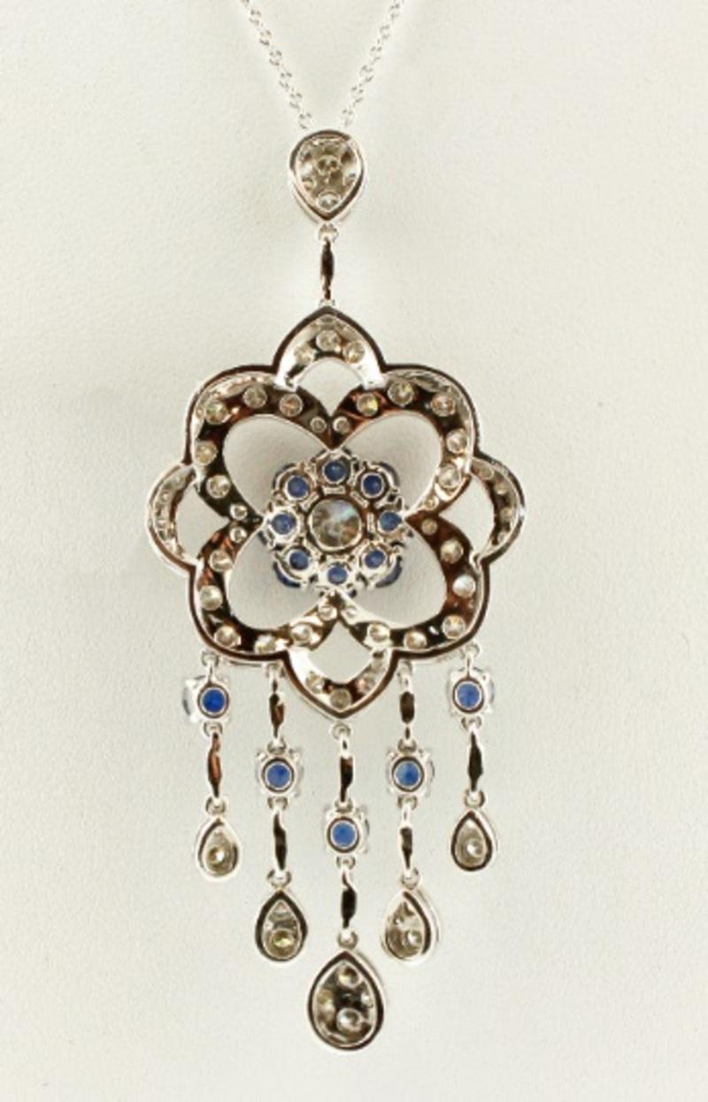 Retro Handcrafted Diamonds, Blue Sapphires, 14 Karat White Gold Pendant Necklace For Sale