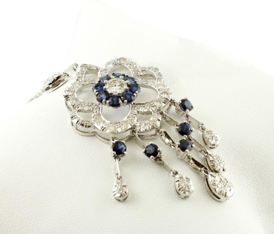 Round Cut Handcrafted Diamonds, Blue Sapphires, 14 Karat White Gold Pendant Necklace For Sale