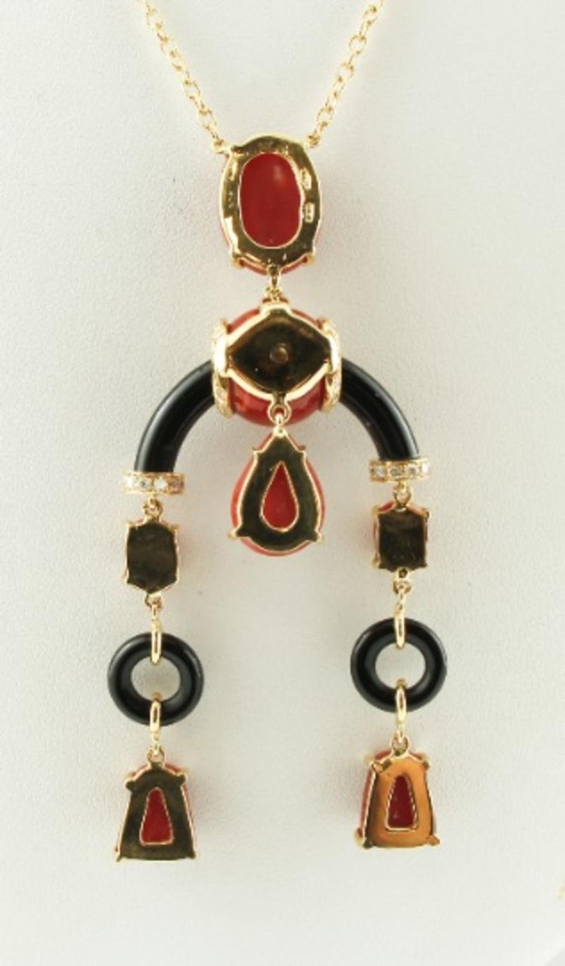Mixed Cut Handcrafted Diamonds, Coral, Onyx, 18 Karat Yellow Gold Pendant Necklace For Sale