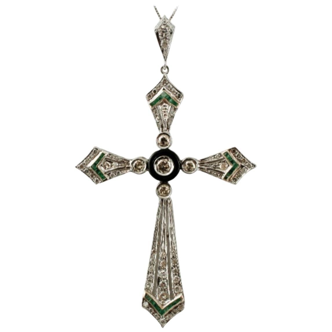 Handcrafted Diamonds, Emeralds, Onyx, 14 Karat White Gold Cross Pendant Necklace
