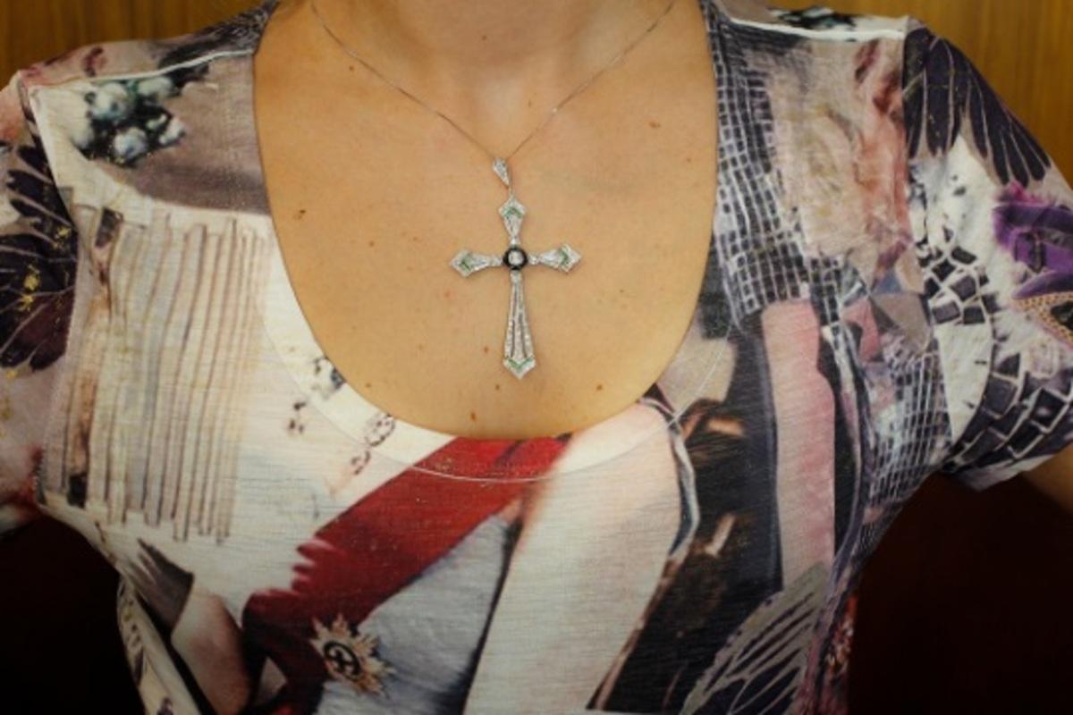 Mixed Cut Handcrafted Diamonds, Emeralds, Onyx, 14 Karat White Gold Cross Pendant Necklace