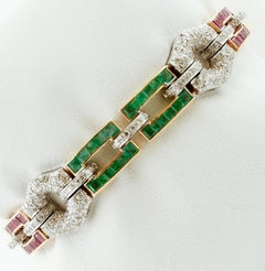 Handcrafted Diamonds, Rubies, Emeralds, 14 Karat Yellow and White Gold Bracelet