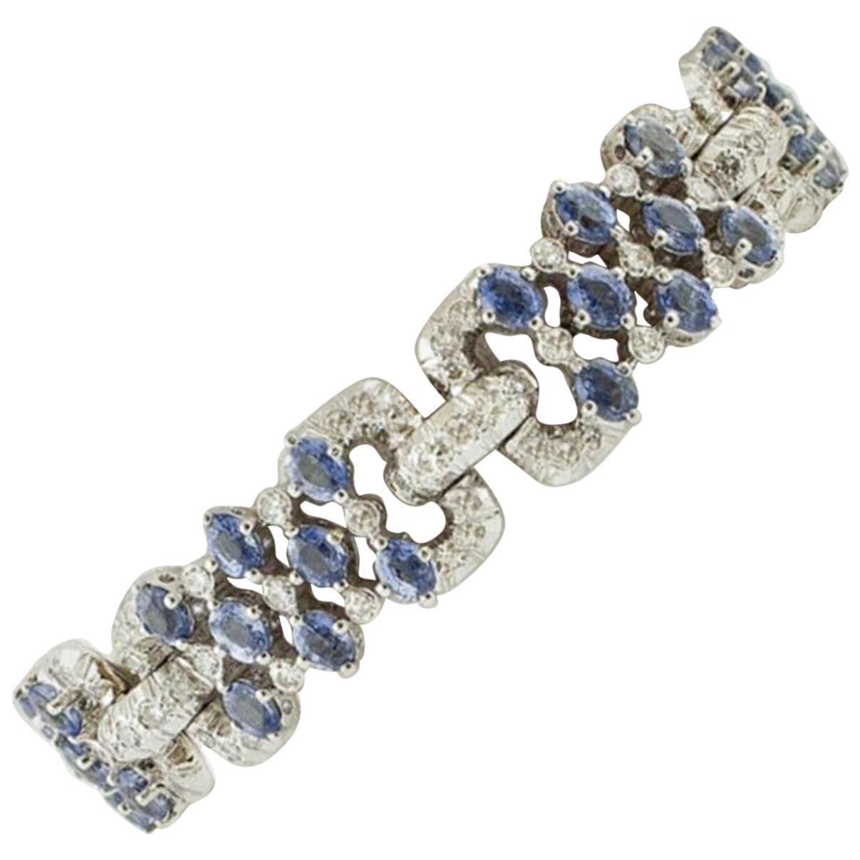 White Diamonds Blue Sapphires Rubies White Gold Link Bracelet For Sale ...