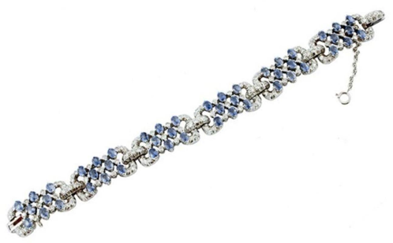 Retro Handcrafted Diamonds, Sapphires, 14 Karat White Gold Link Bracelet