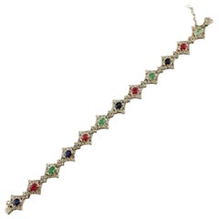 Handcrafted Diamonds, Rubies, Emeralds, Sapphires, 14k White Gold, Vintage Bracelet