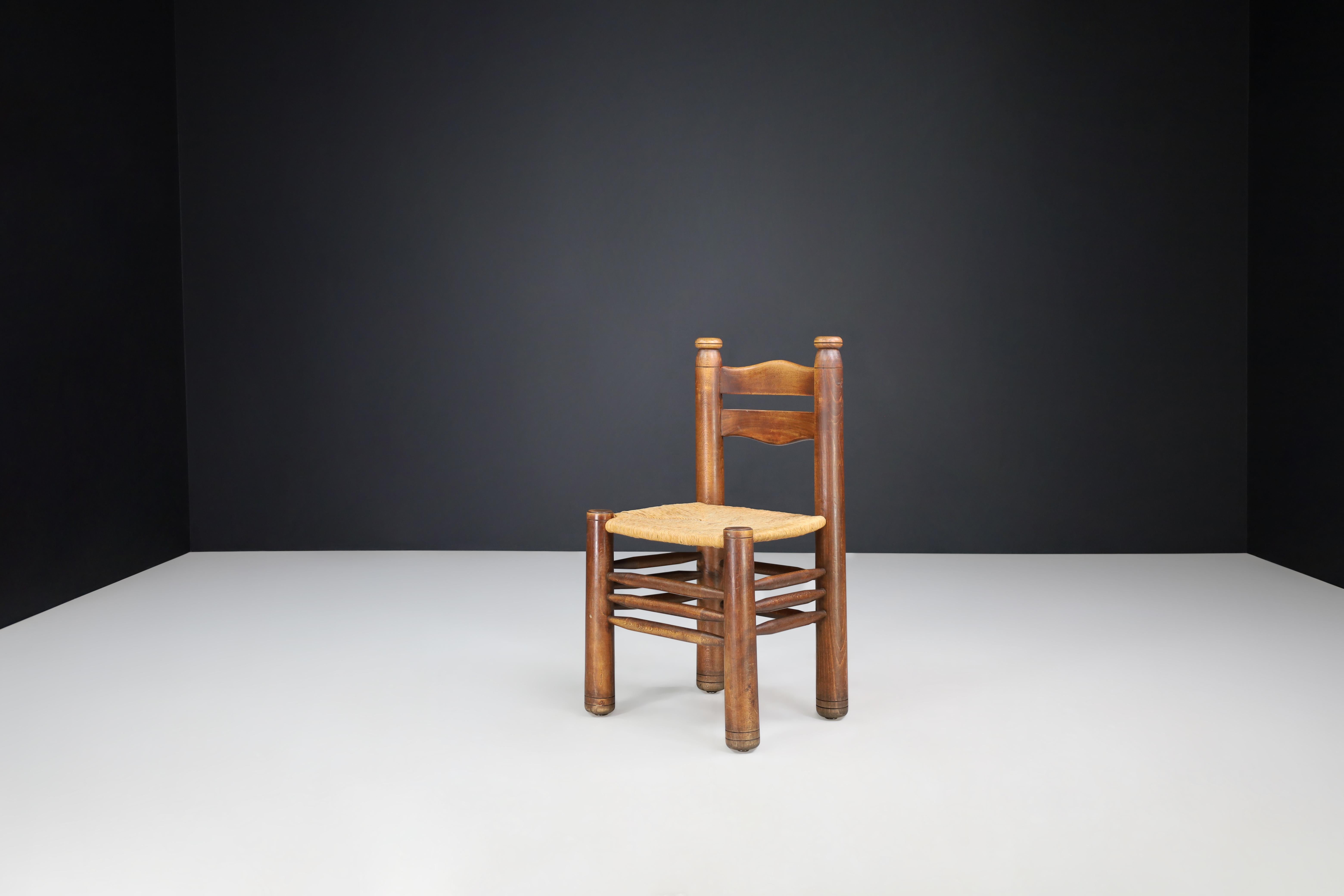 Handcrafted Dining Room Chairs in Wood and Rush, France, 1940s 6