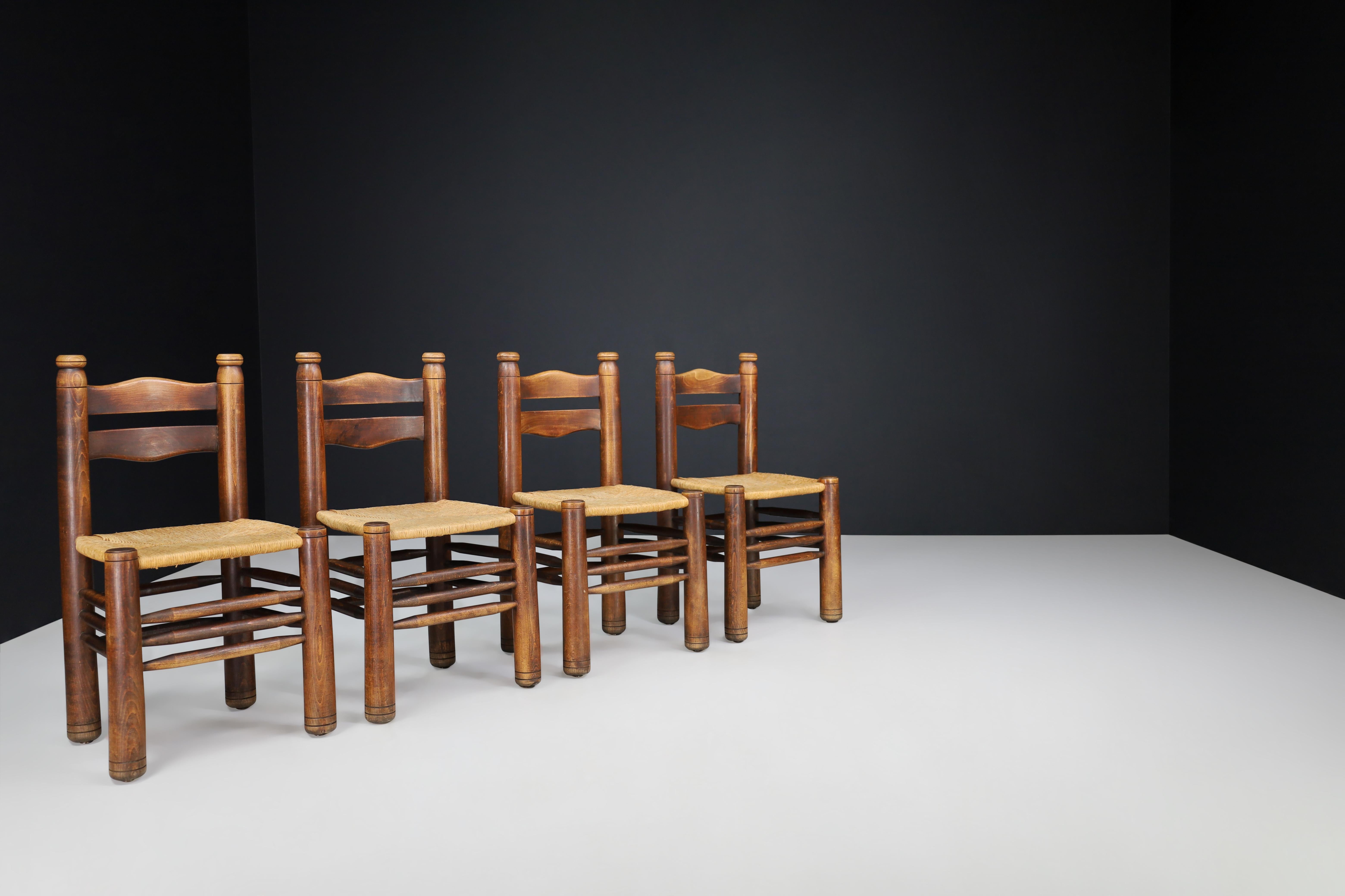 Handcrafted Dining Room Chairs in Wood and Rush, France, 1940s 1
