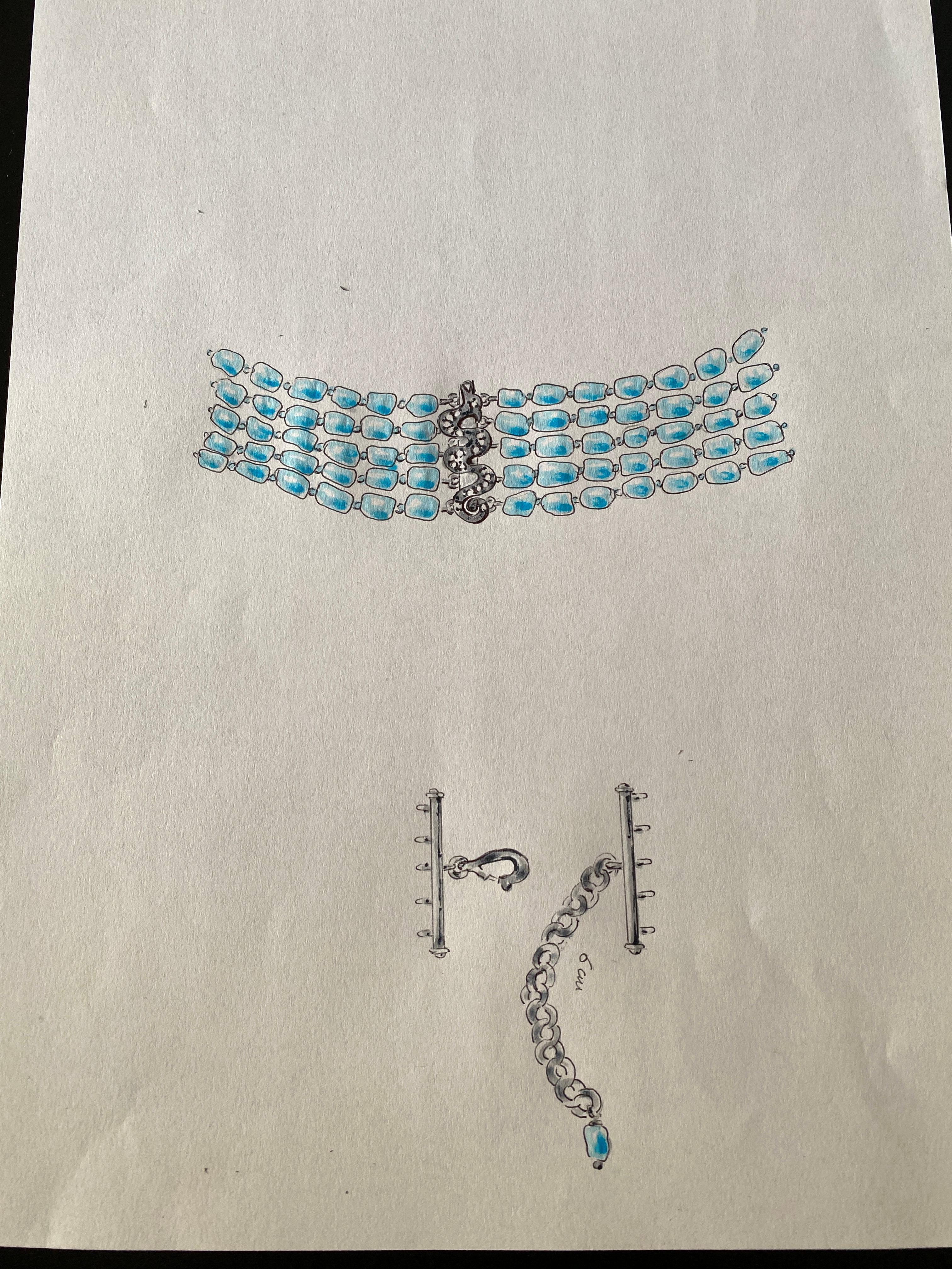 Dragone Choker Artigianale Perline di Turchese Diamanti Grigi Rossella Ugolini Design in vendita 6