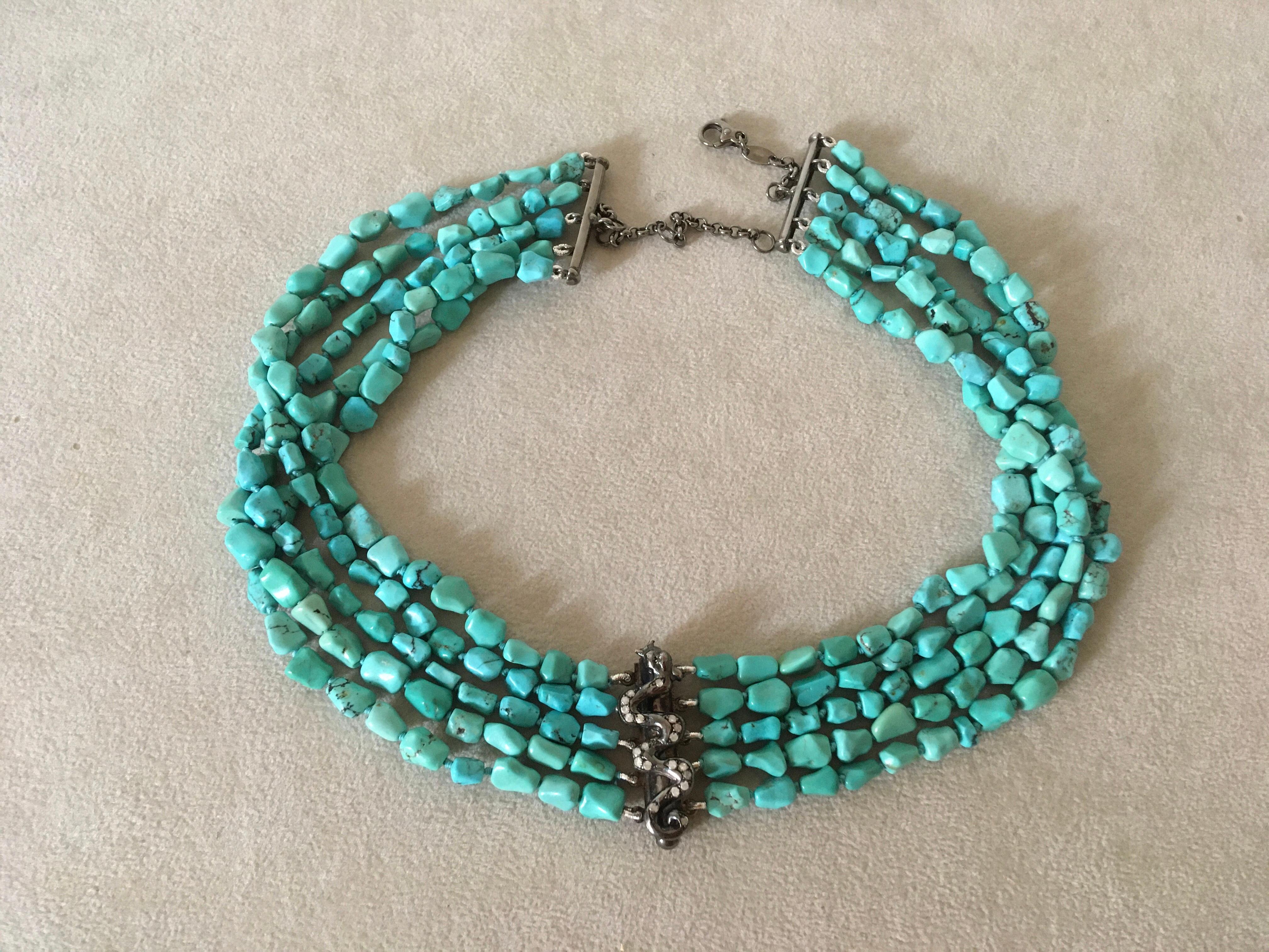 Contemporain Collier de dragon fait main Perles de turquoise Diamants gris Rossella Ugolini Design en vente