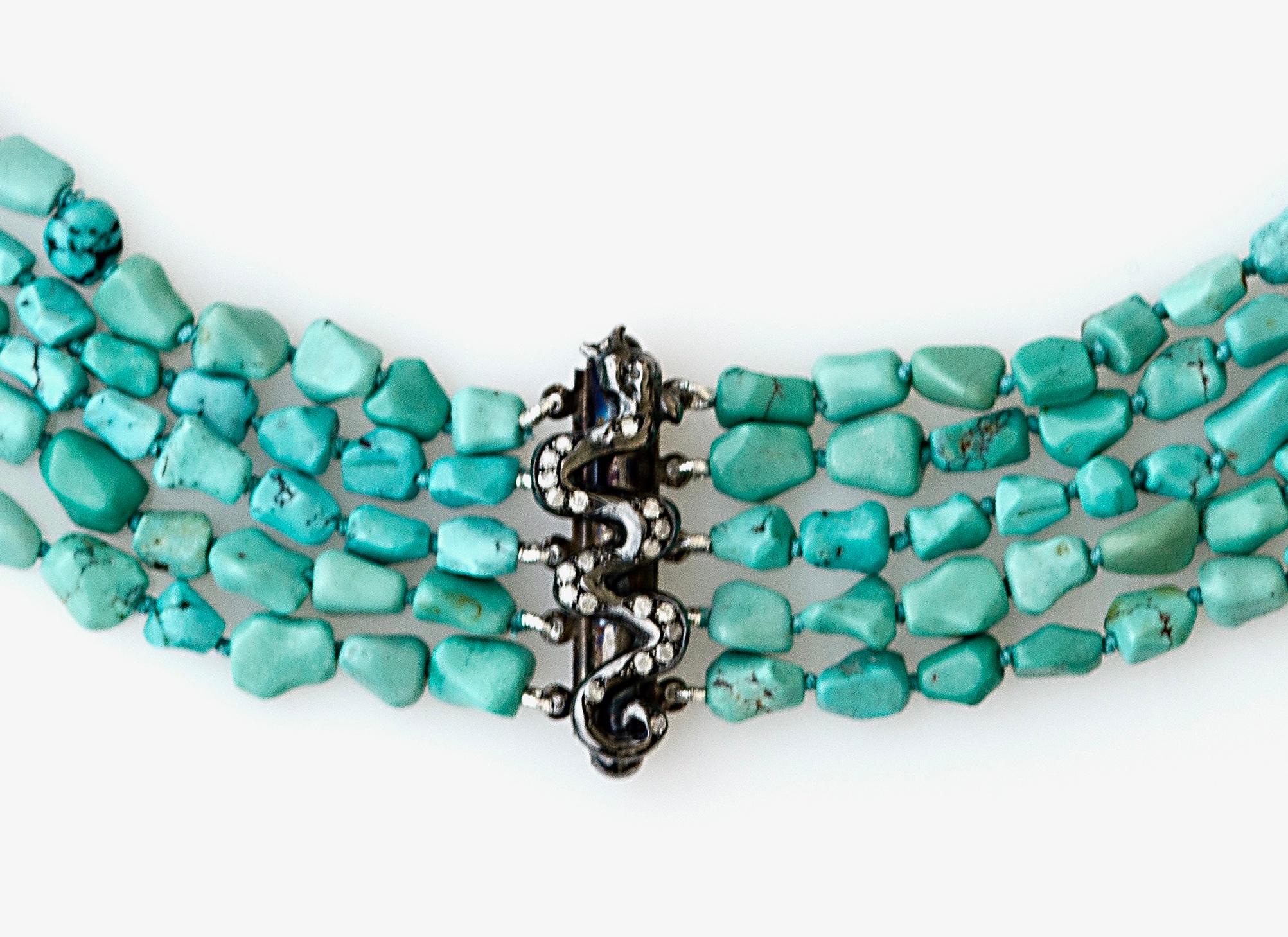 Perlina Dragone Choker Artigianale Perline di Turchese Diamanti Grigi Rossella Ugolini Design in vendita