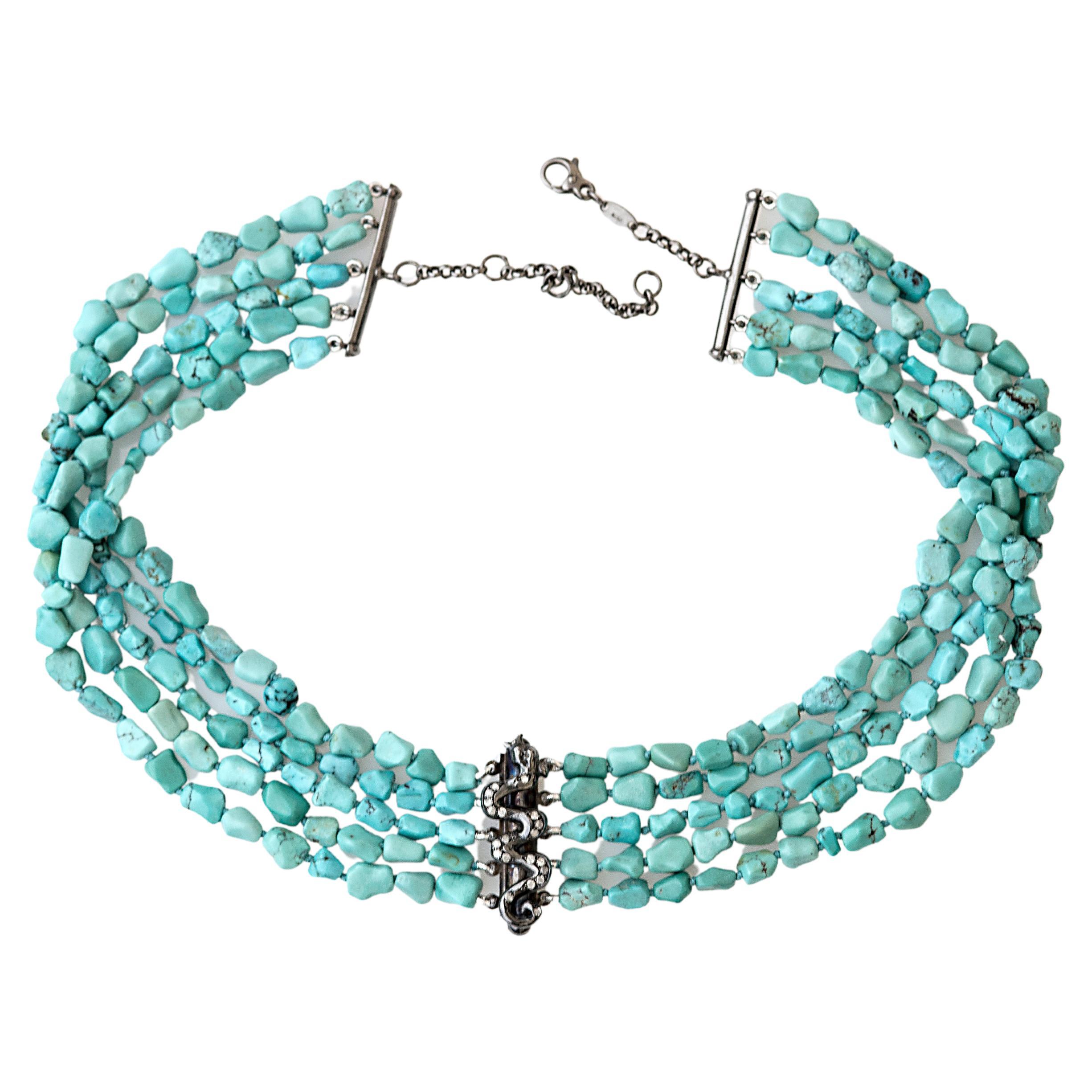 Handcrafted Dragon Choker Turquoise Beads Gray Diamonds Rossella Ugolini Design In New Condition In Rome, IT