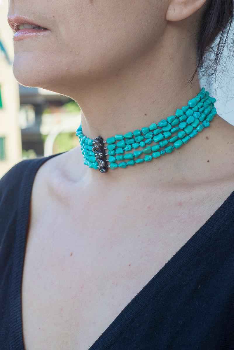 Women's or Men's Handcrafted Dragon Choker Turquoise Beads Gray Diamonds Rossella Ugolini Design