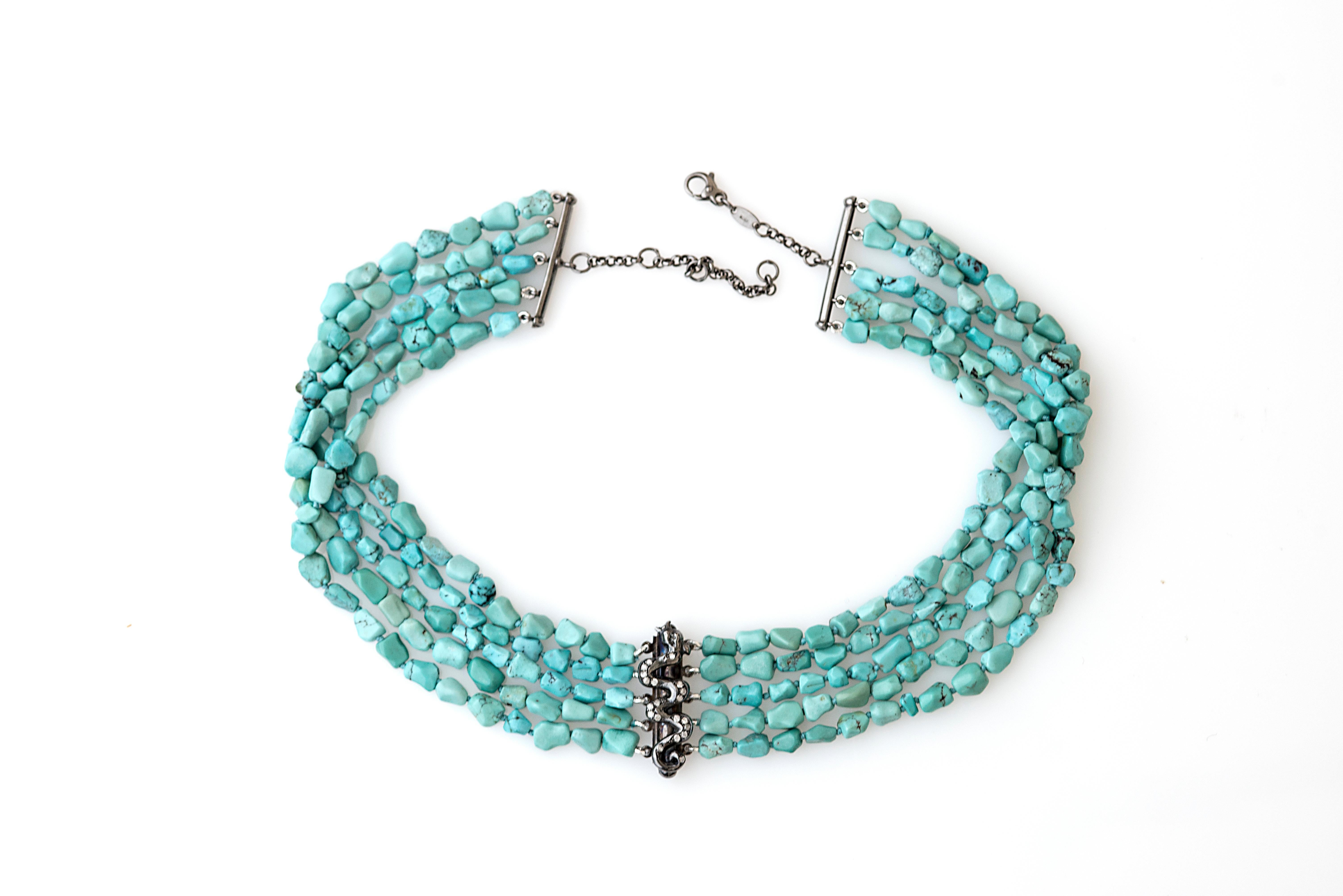Women's or Men's Handcrafted Dragon Choker Turquoise Beads Gray Diamonds Rossella Ugolini Design For Sale