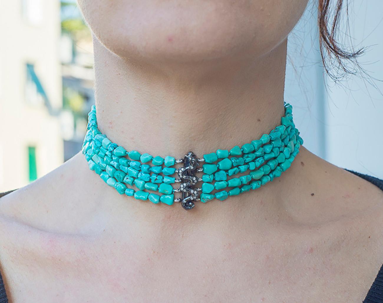Handcrafted Dragon Choker Turquoise Beads Gray Diamonds Rossella Ugolini Design 1