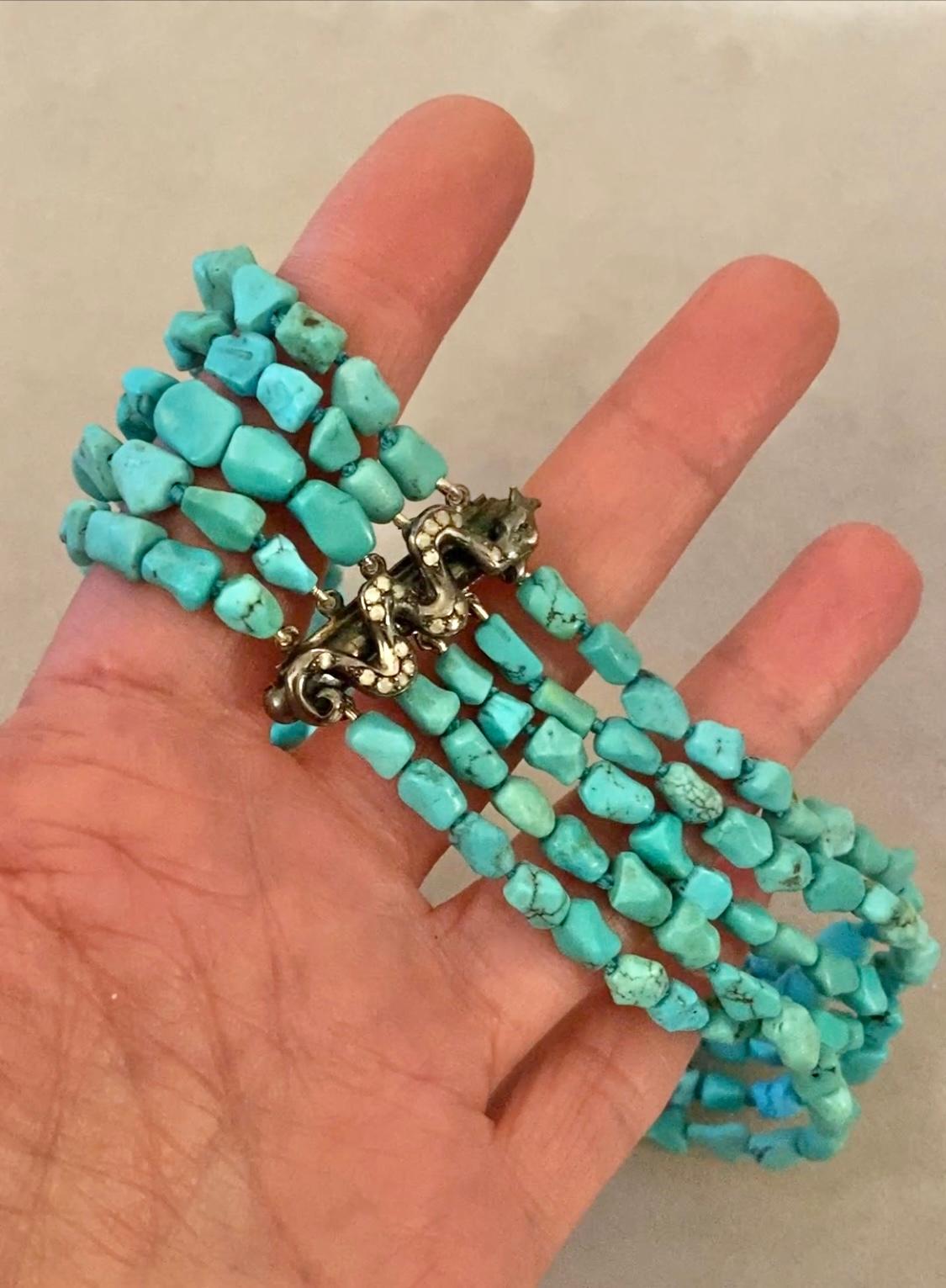 Collier de dragon fait main Perles de turquoise Diamants gris Rossella Ugolini Design en vente 4