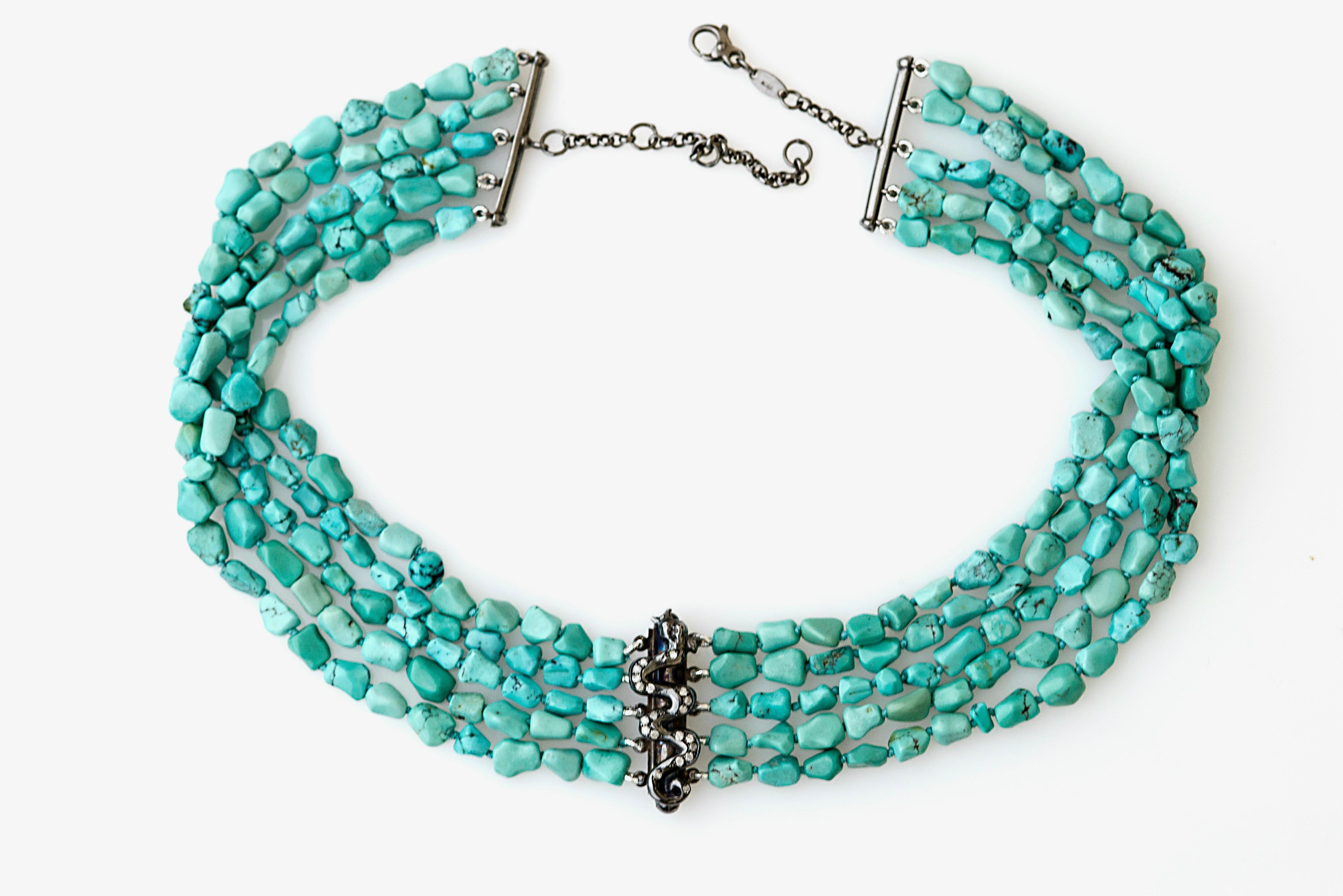 Handcrafted Dragon Choker Turquoise Beads Gray Diamonds Rossella Ugolini Design For Sale 4