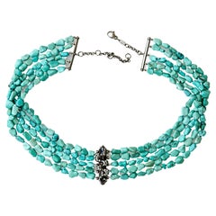 Handcrafted Dragon Choker Turquoise Beads Gray Diamonds Rossella Ugolini Design