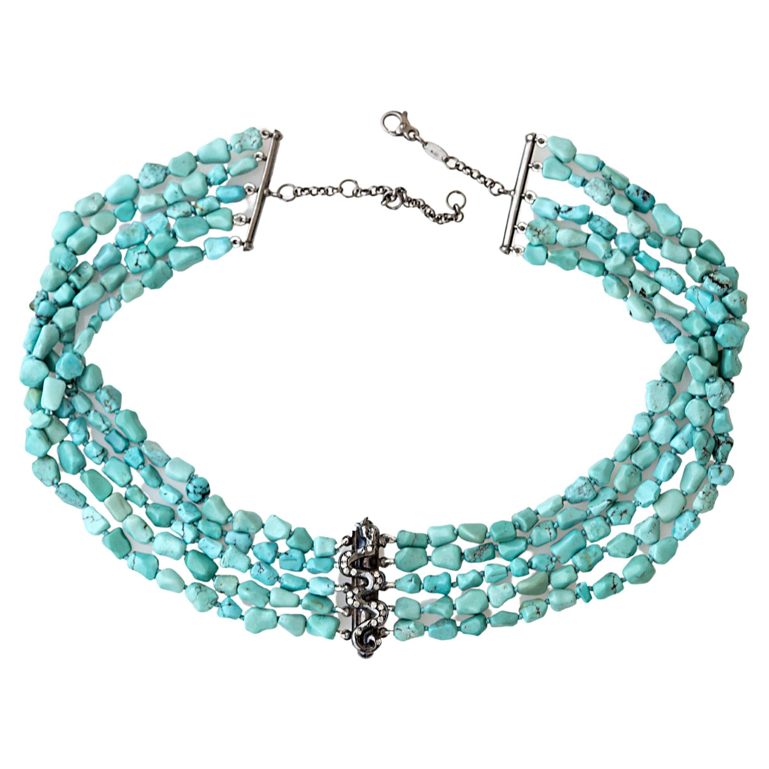 Collier de dragon fait main Perles de turquoise Diamants gris Rossella Ugolini Design en vente