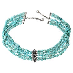 Handgefertigter Drachen-Choker mit Türkis-Perlen und grauen Diamanten, Rossella Ugolini-Design