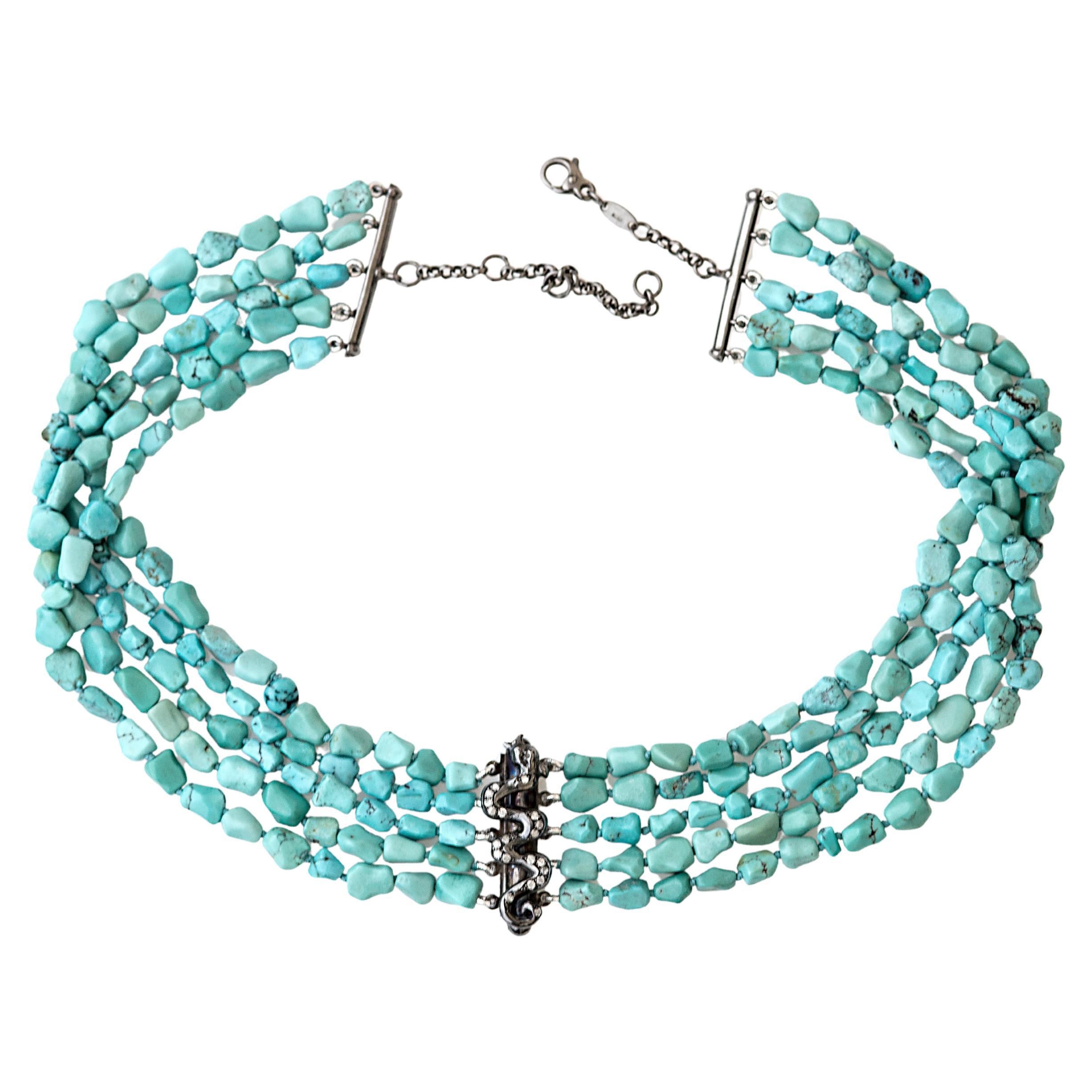 Dragone Choker Artigianale Perline di Turchese Diamanti Grigi Rossella Ugolini Design