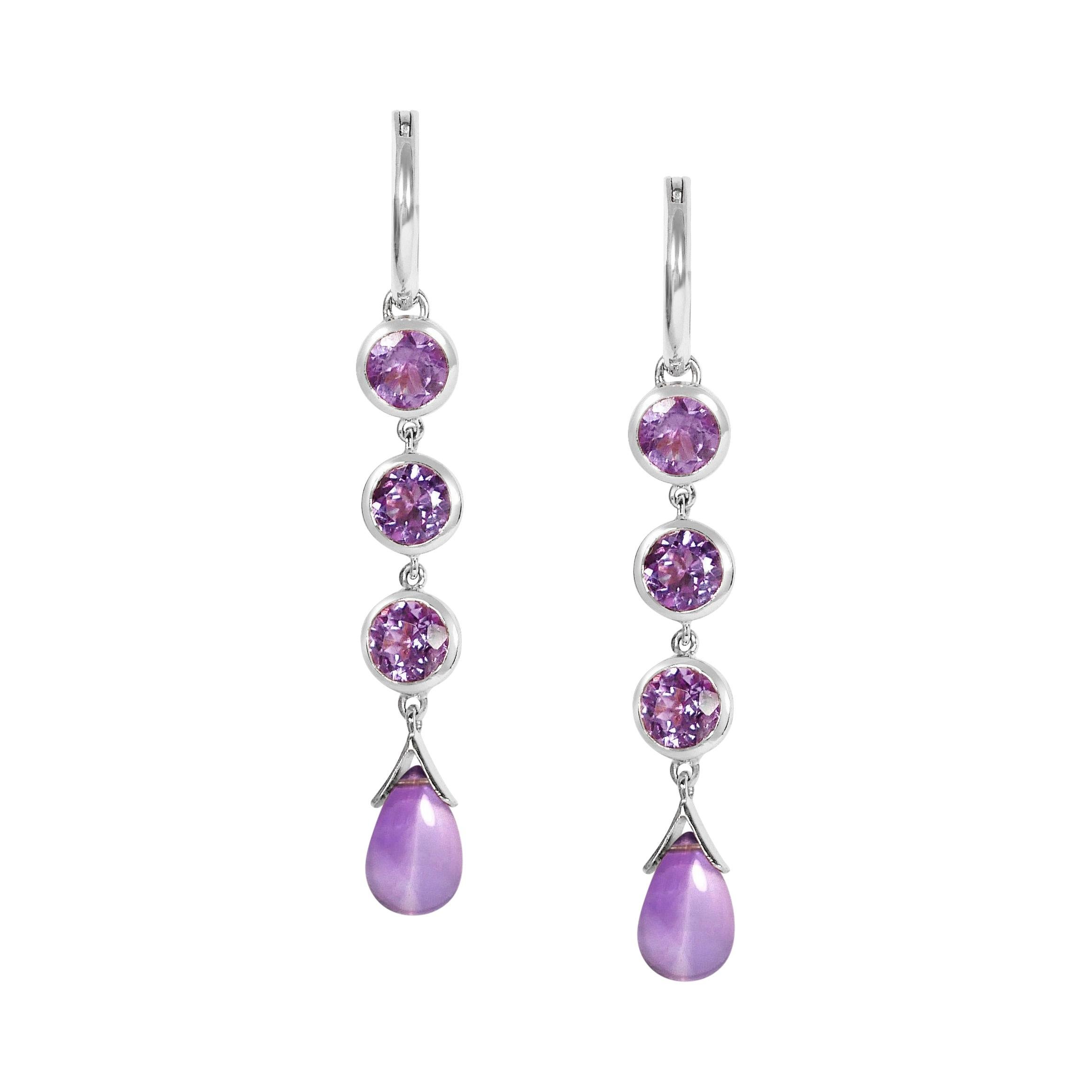 Boucles d'oreilles en goutte en or blanc 18 carats avec améthystes de 1,50 carat, fabriquées à la main