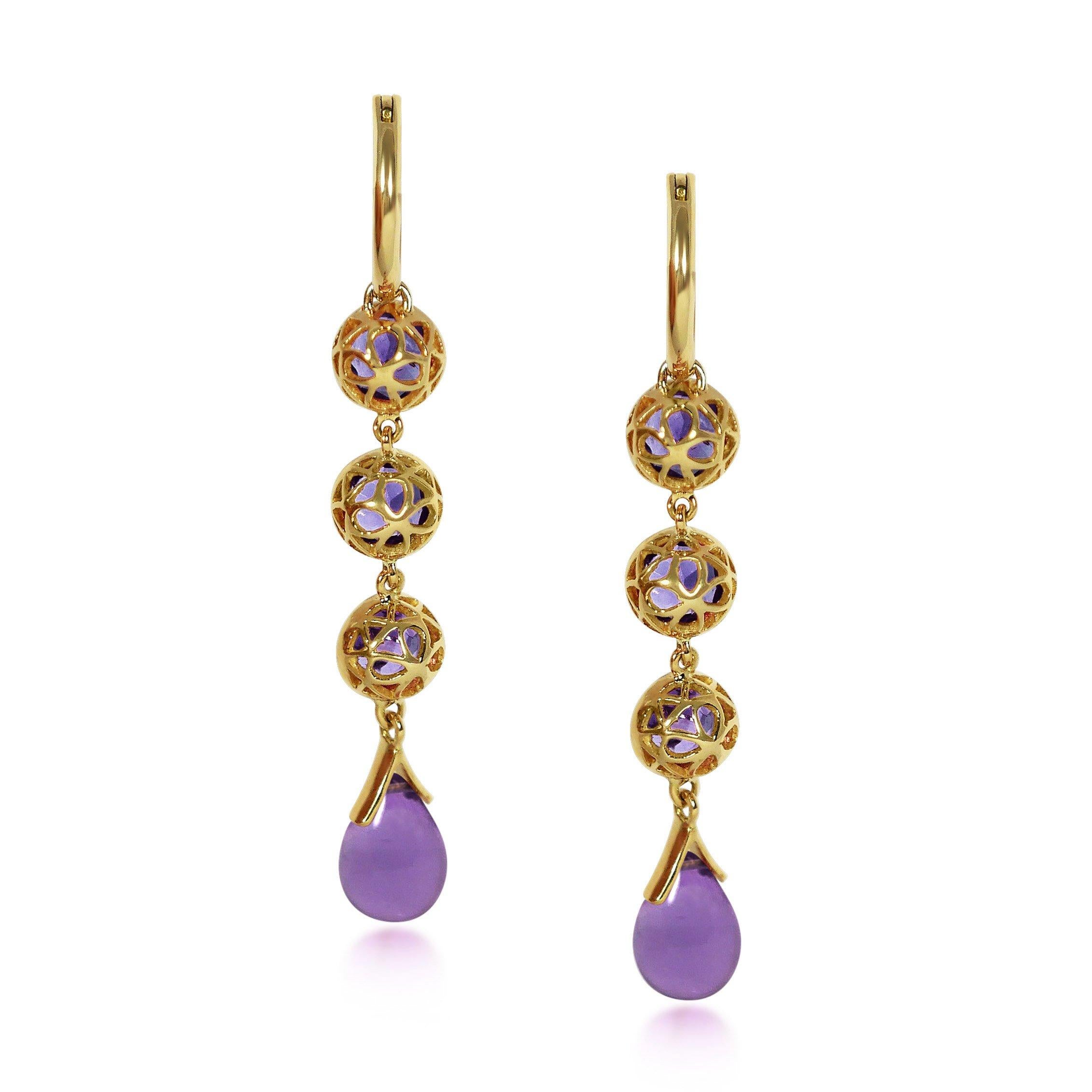 Handcrafted 1.50 Carats Amethysts 18 Karat Yellow Gold Drop Earrings. Our stone cascade-like earrings are an elegant statement underlined by romantic dancing drops carved in Amethyst under a set of 6mm round cut Amethyst stones encased in our iconic