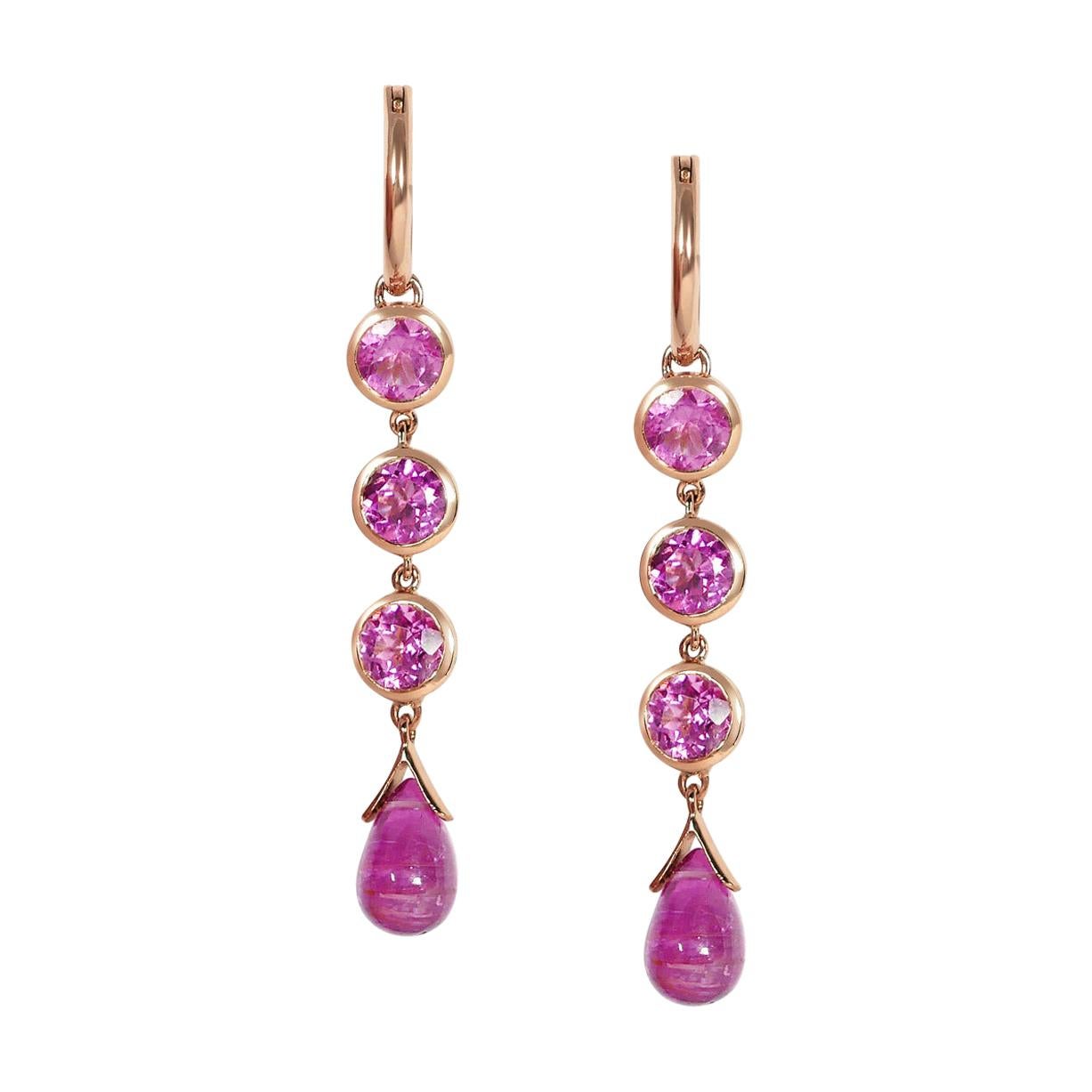 Handcrafted 1.50 Carats Pink Tourmaline 18 Karat Rose Gold Drop Earrings For Sale