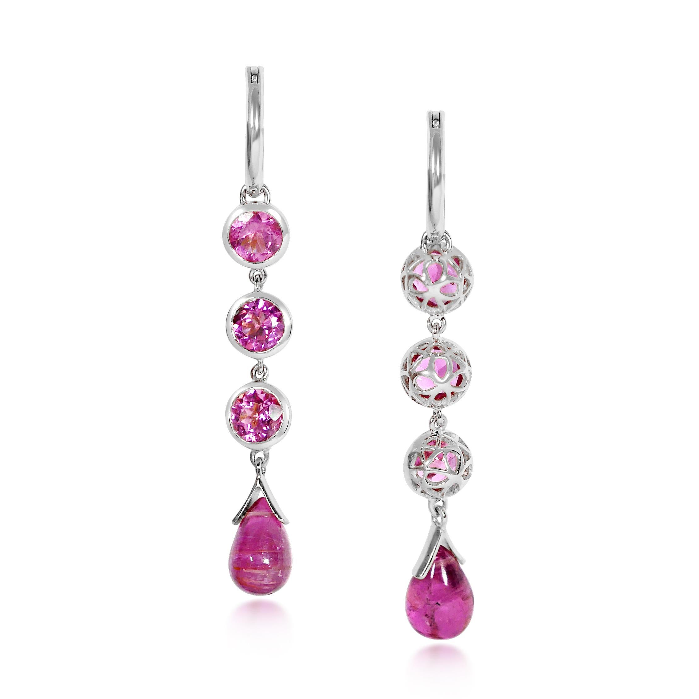 Handcrafted 1.50 Carats Pink Tourmaline 18 Karat White Gold Drop Earrings. Our stone cascade-like earrings are an elegant statement underlined by romantic dancing drops carved in Pink Tourmaline under a set of 6mm round cut Pink Tourmaline stones
