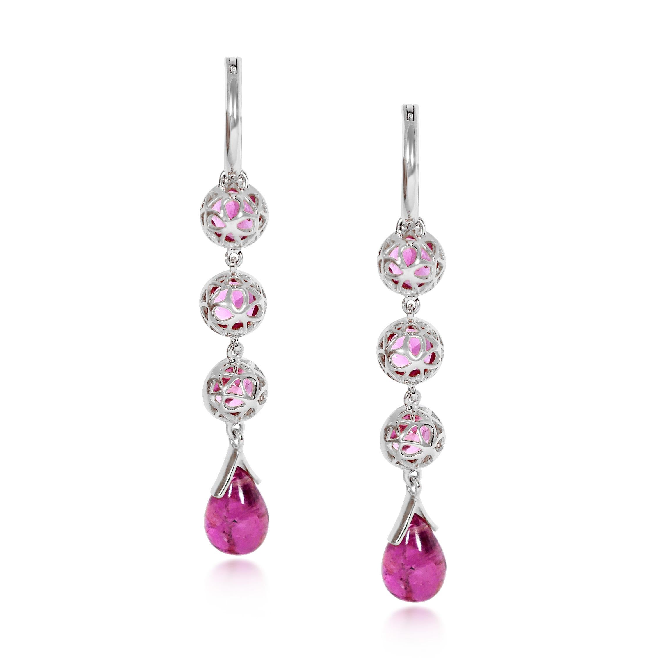 Contemporary Handcrafted 1.50 Carats Pink Tourmaline 18 Karat White Gold Drop Earrings For Sale