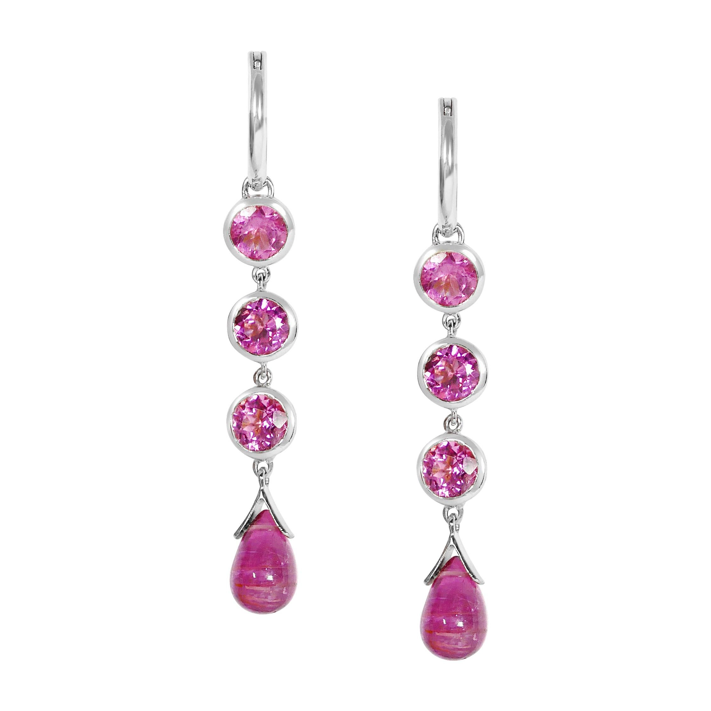 Handcrafted 1.50 Carats Pink Tourmaline 18 Karat White Gold Drop Earrings For Sale