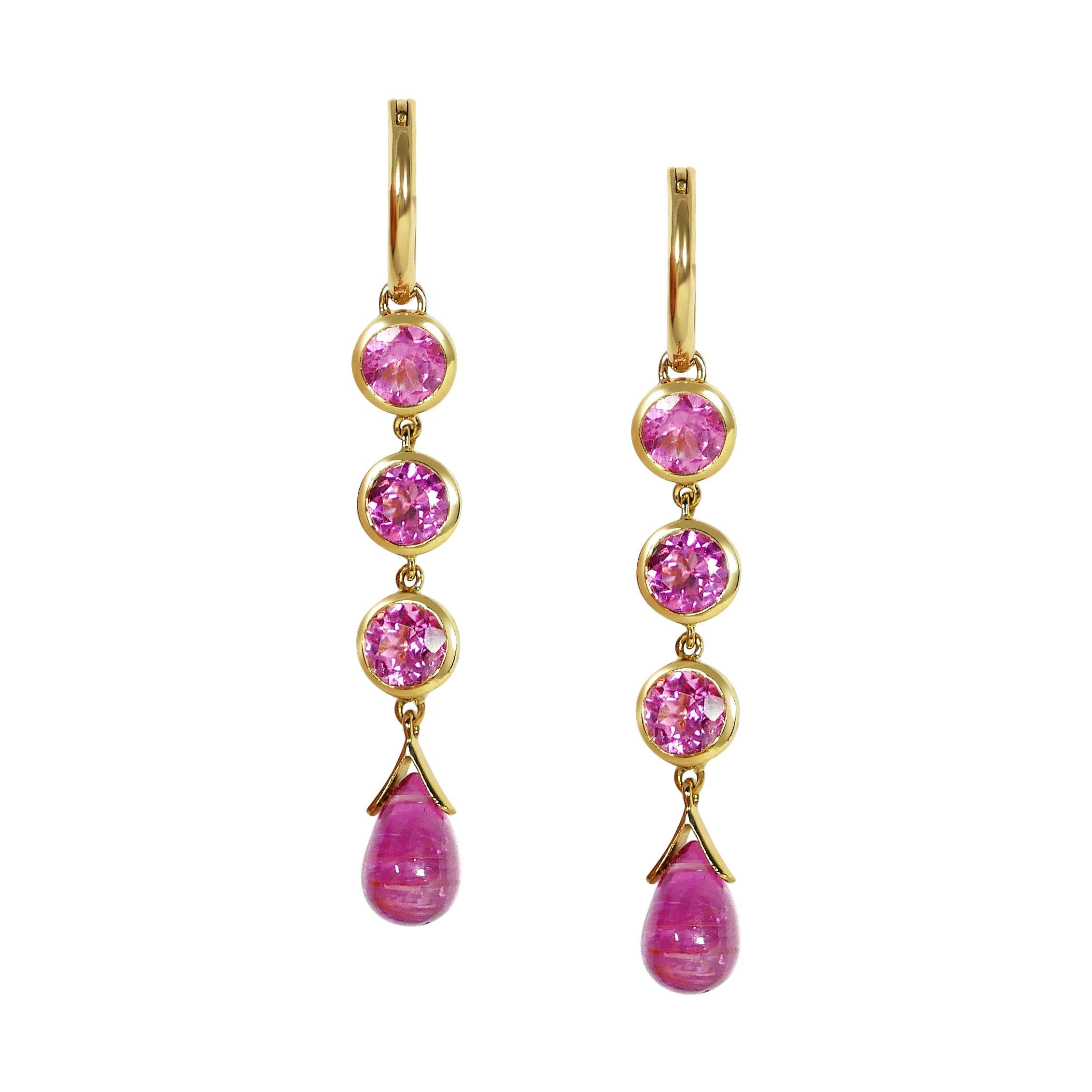 Handcrafted 1.50 Carats Pink Tourmaline 18 Karat Yellow Gold Drop Earrings