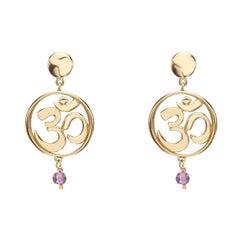 Handcrafted Drop Earrings with Om Yoga Symbol in 14Kt Gold Gift for Her