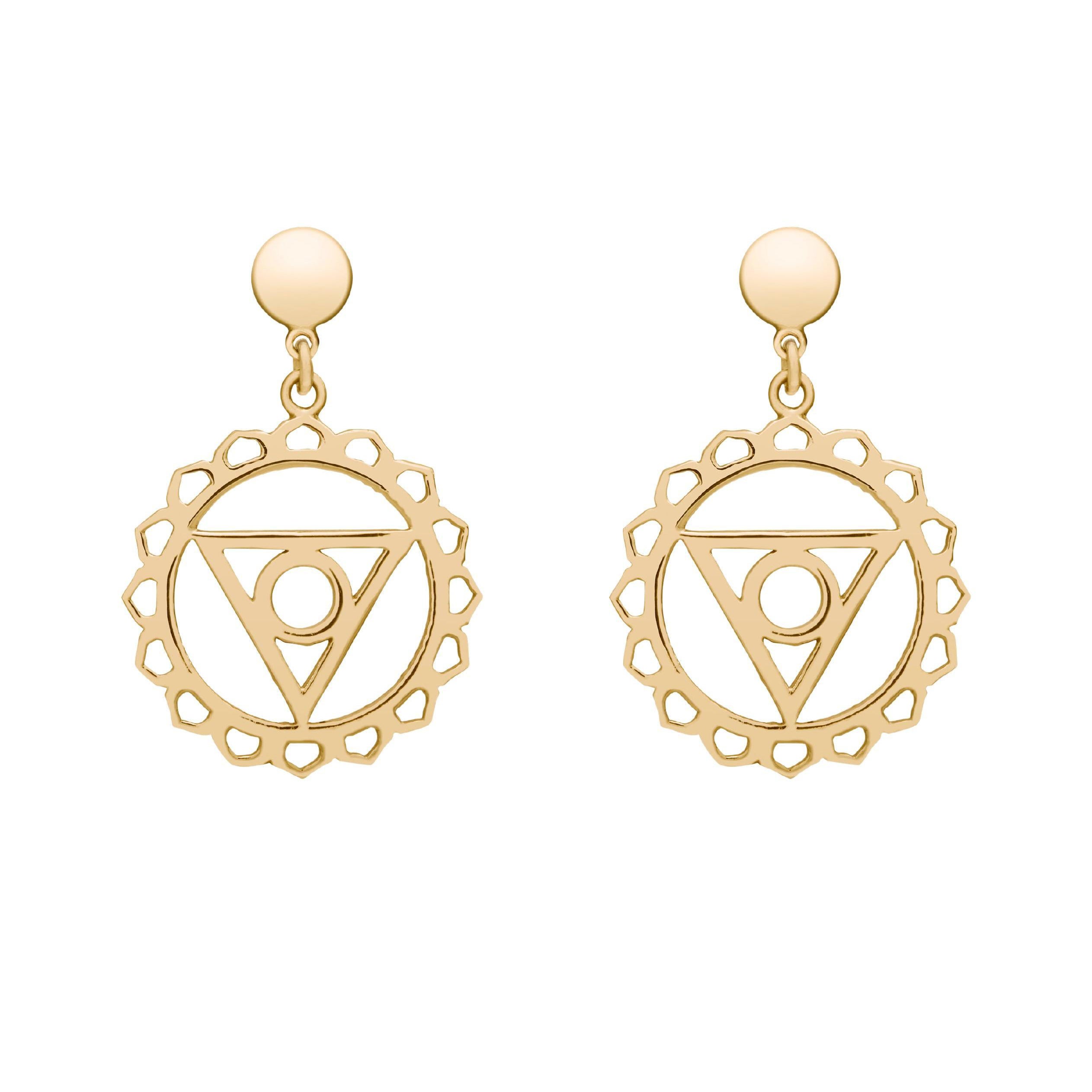 Boucles d'oreilles en goutte fabriquées à la main avec Vissuddha Chakra en or 14 carats, cadeau pour elle