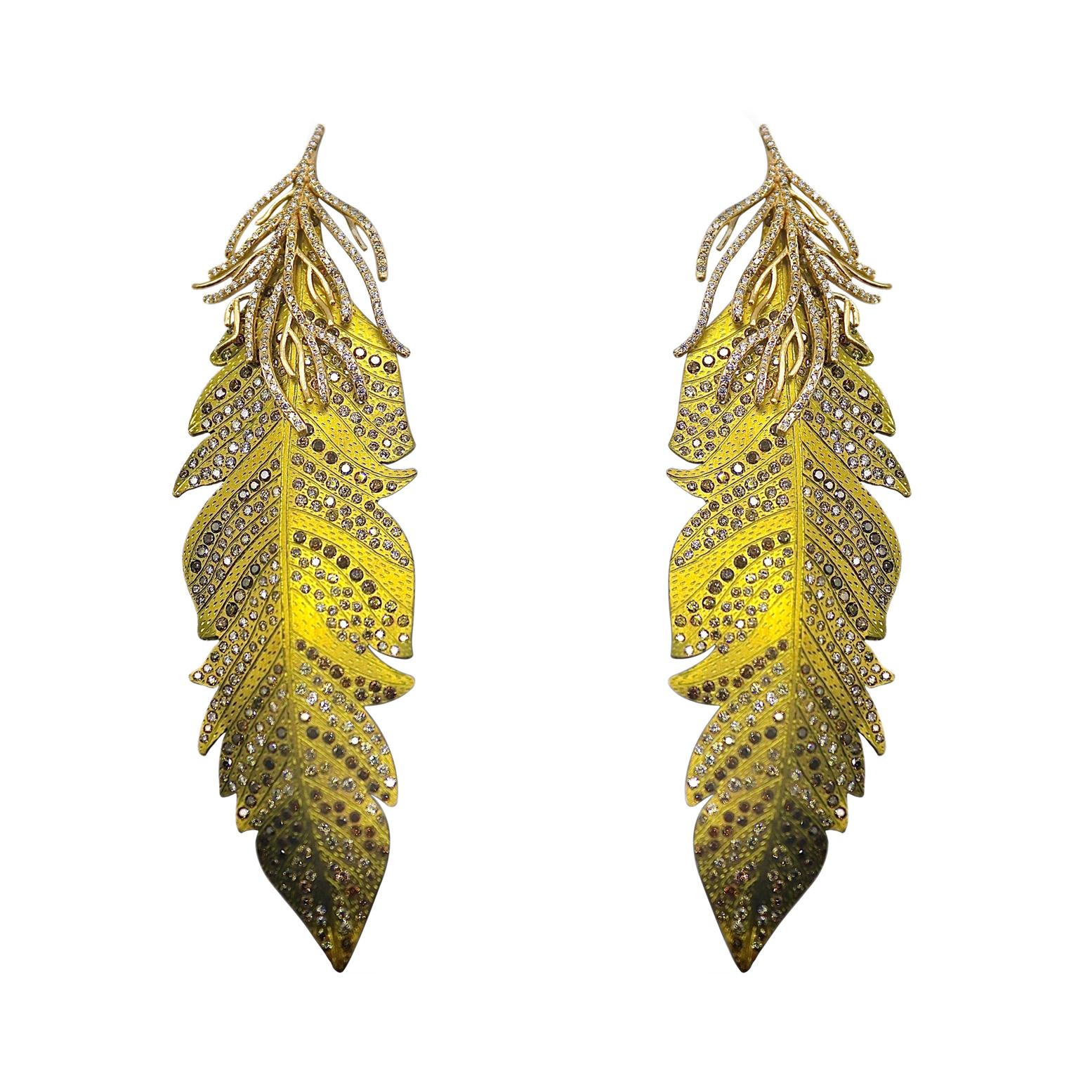 Brave & Beautiful Handcrafted Titanium & Gold Eagle Feather Earrings & Diamonds For Sale