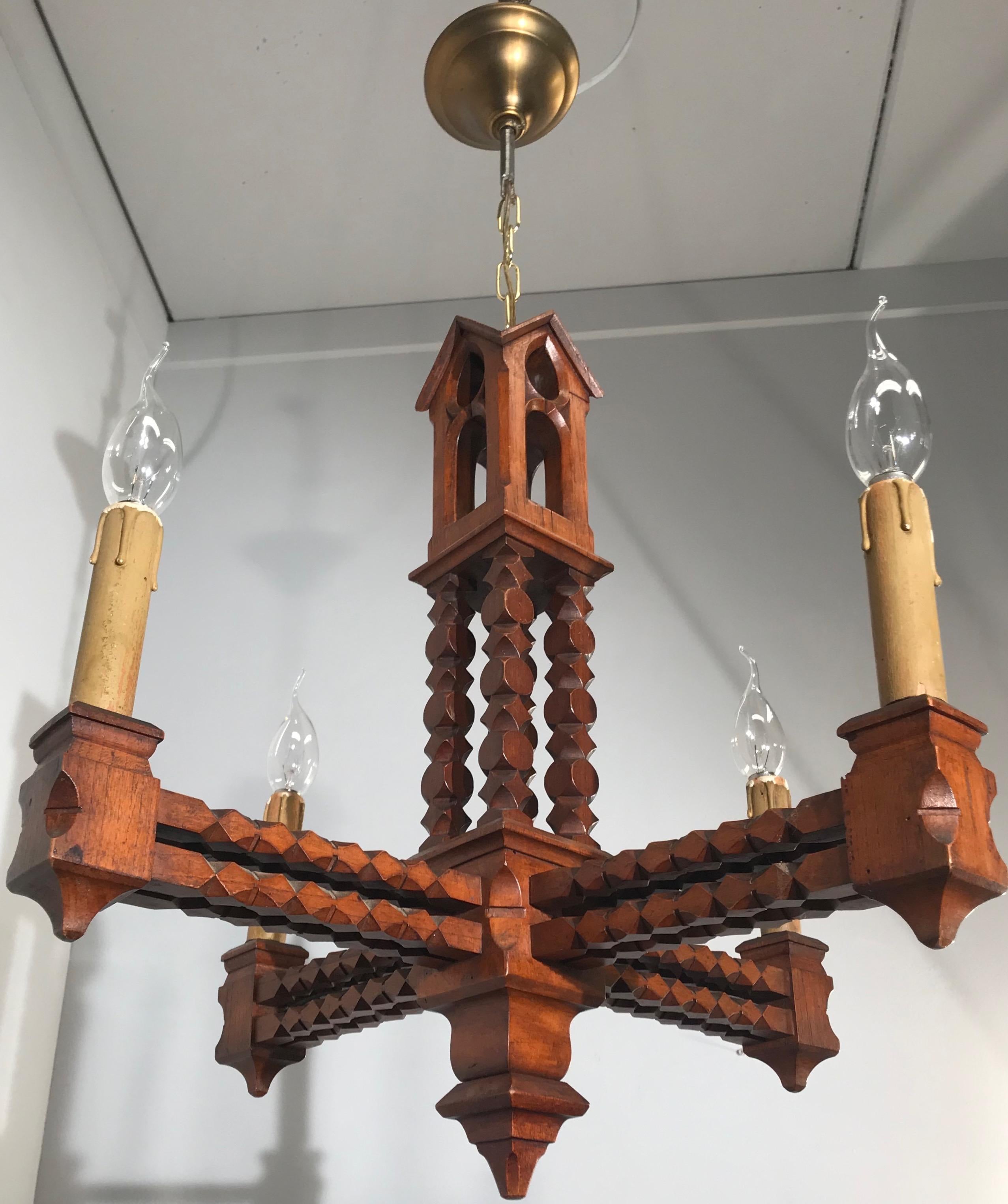 Hand-Carved Early 1900 Arts & Crafts Era Gothic Revival Pendant Light, Chandelier or Fixture