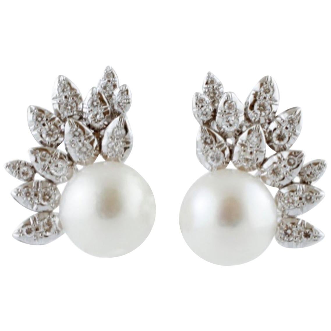 Handcrafted Earrings South Sea Pearls, Diamonds, in 14 Karat White Gold