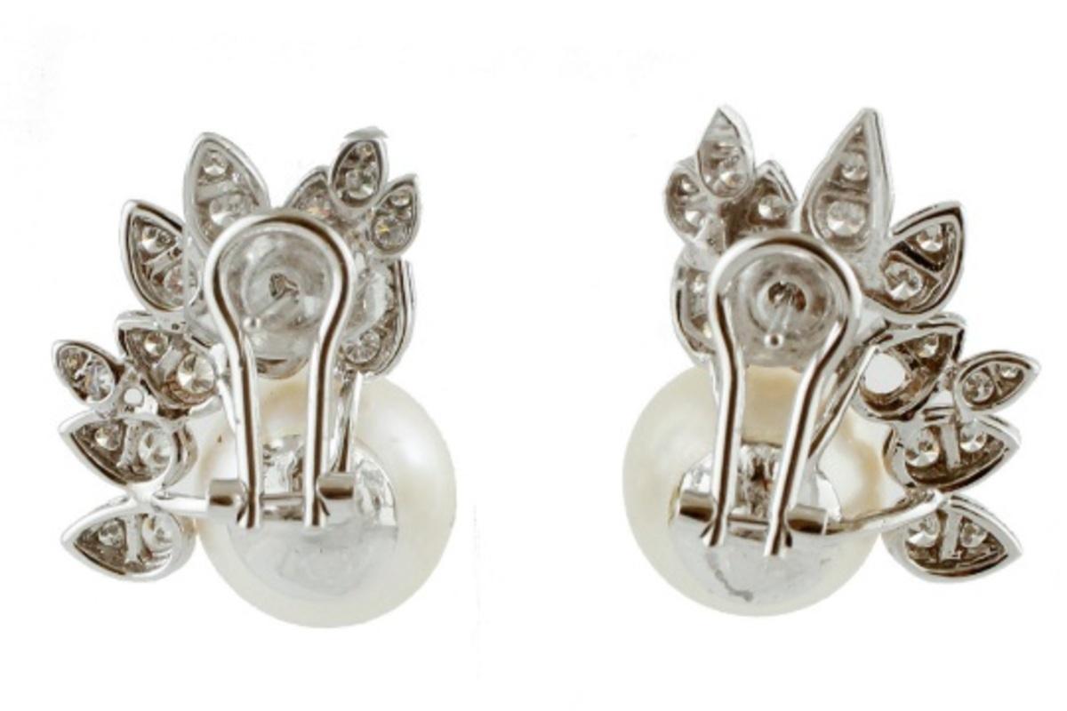 Retro Handcrafted Earrings South Sea Pearls, Diamonds, in 14 Karat White Gold
