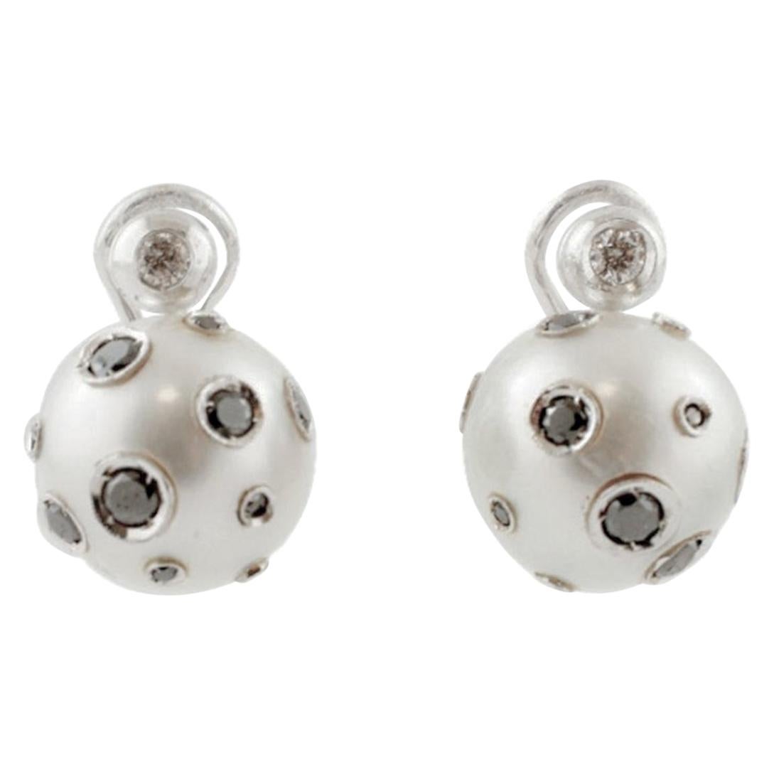 Handcrafted Earrings Tahiti Pearl, White Black Diamonds in 14 Karat White Gold For Sale