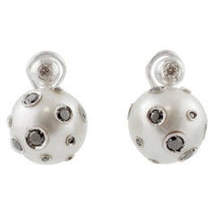 Handgefertigte Ohrringe Tahiti-Perle, weiß-schwarze Diamanten aus 14 Karat Weißgold