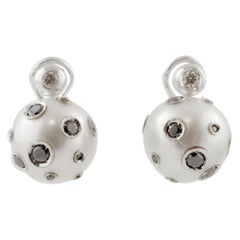 Handcrafted Earrings Tahiti Pearl, White Black Diamonds in 14 Karat White Gold