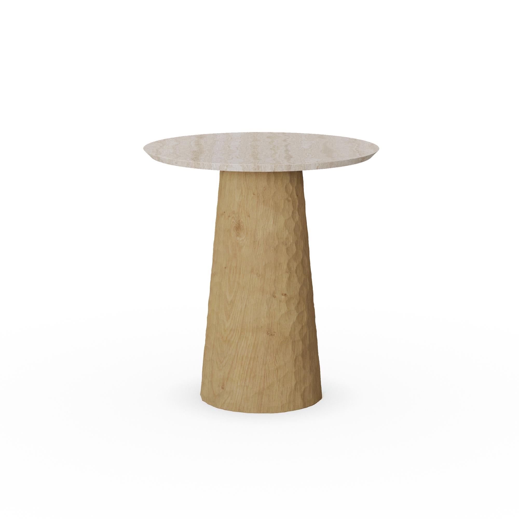 Handcrafted Elke Side Table in Carved Oak with Travertine Top by Nolita Harbour In New Condition For Sale In Carvalhosa, PT