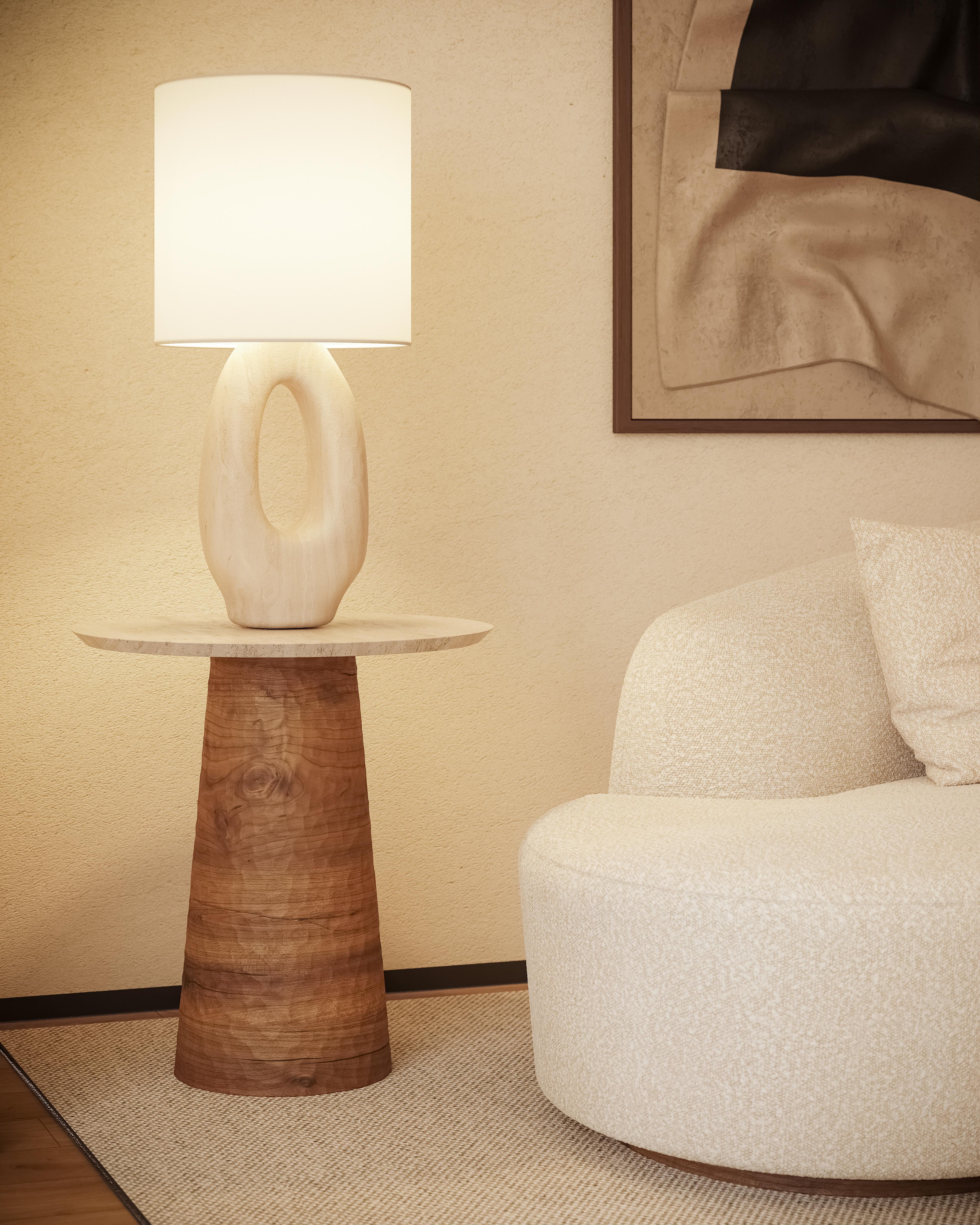 Handcrafted Elke Side Table in Carved Oak with Travertine Top by Nolita Harbour In New Condition For Sale In Carvalhosa, PT