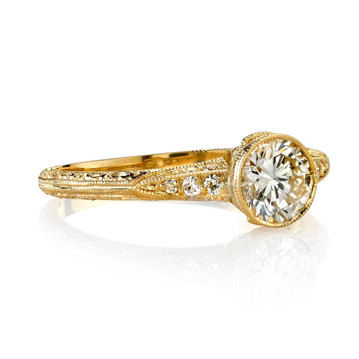 0.64ct G/SI1 EGL certified transitional cut diamond with 0.12ctw old European cut accent diamonds set in a handcrafted 18K yellow gold mounting.

Our jewelry is made locally in Los Angeles and most pieces are made to order. For these made-to-order