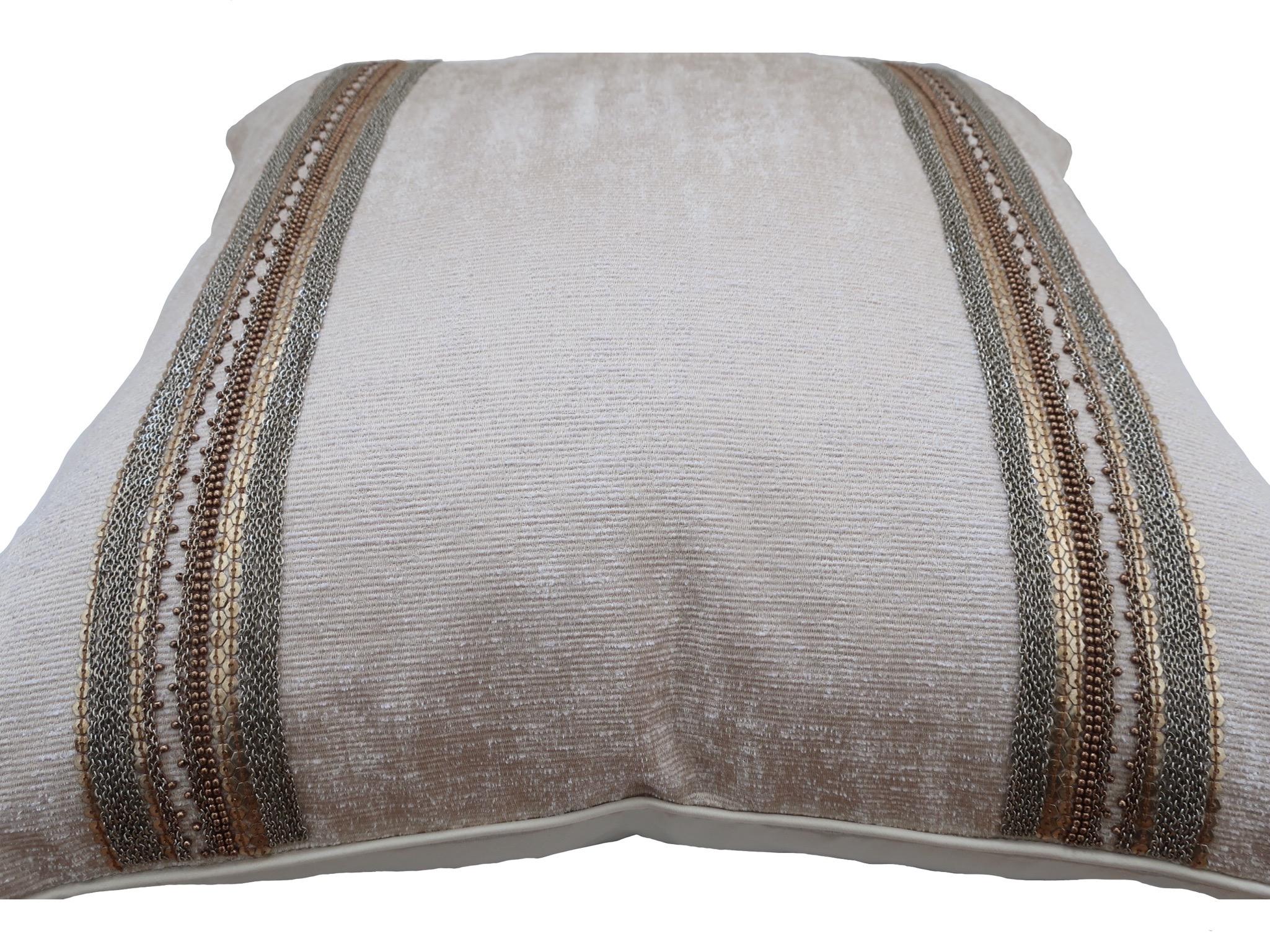 Handcrafted Embroidered Chain and Metal Sequins Pillow Double Vertical Stripes In New Condition For Sale In London, GB