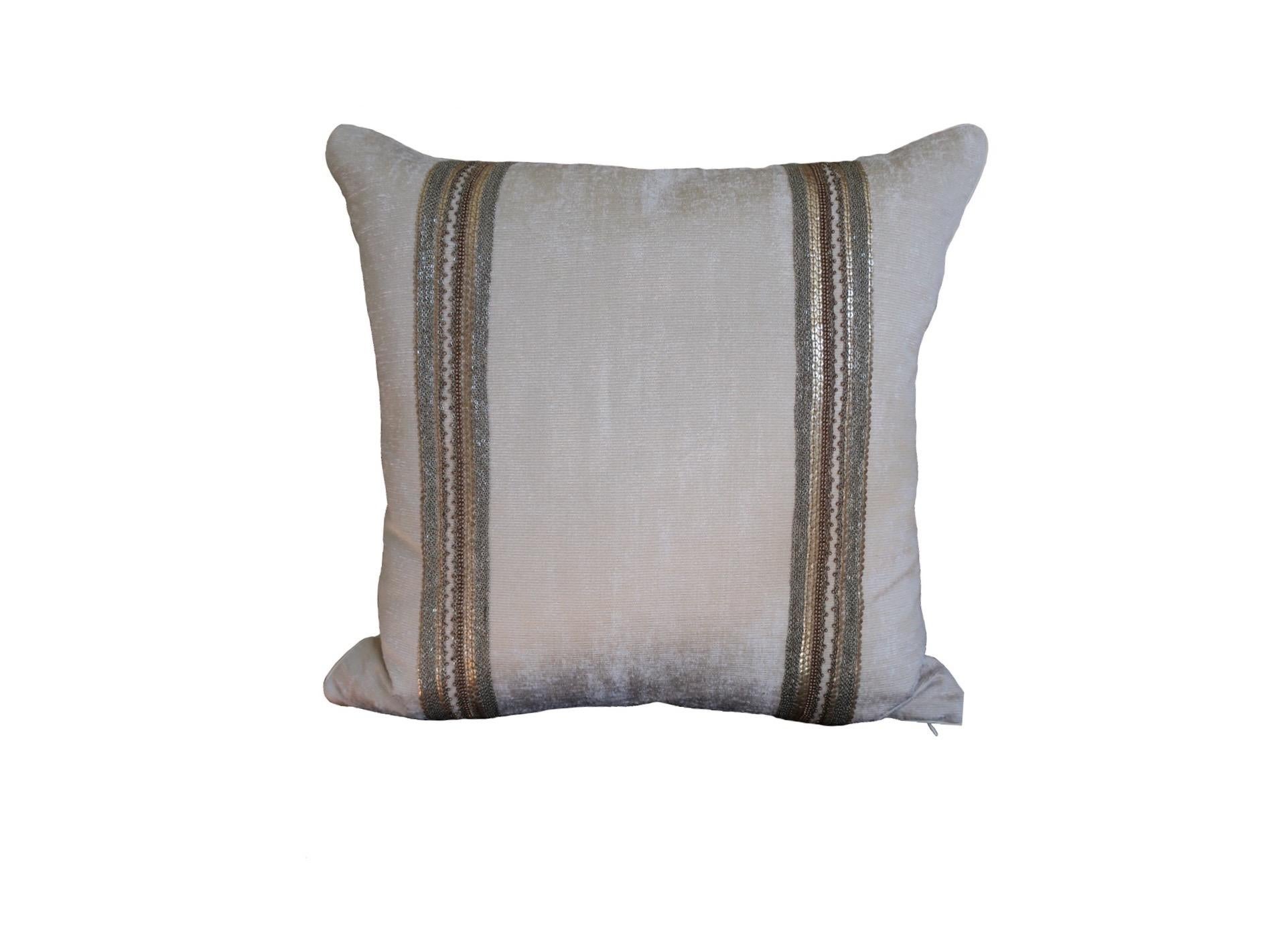 Fabric Handcrafted Embroidered Chain and Metal Sequins Pillow Double Vertical Stripes For Sale