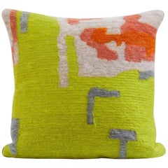 Handcrafted Embroidered Pillow Lime Gold and Grey Wool Yarn