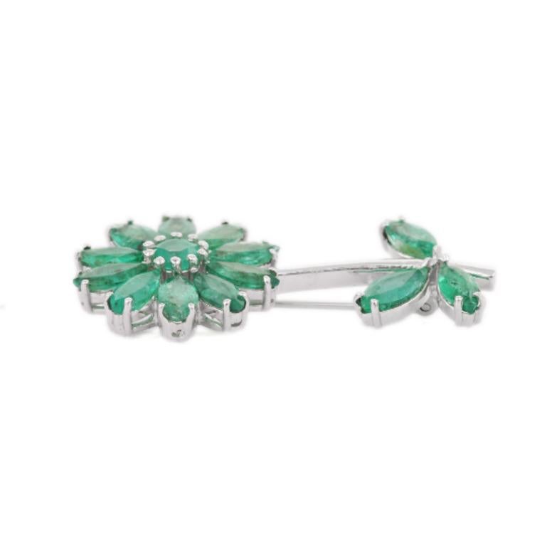 Marquise Cut Handmade Genuine Emerald Flower Brooch in 925 Sterling Silver For Sale